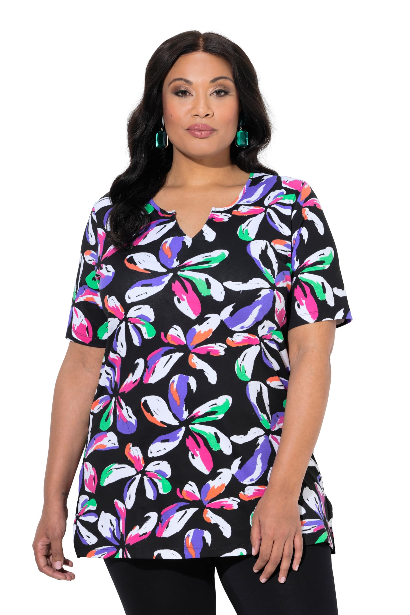 Ulla Popken Damen große Größen Übergrößen Plus Size Longshirt, Blüten, Tunika-Ausschnitt, Halbarm 849426