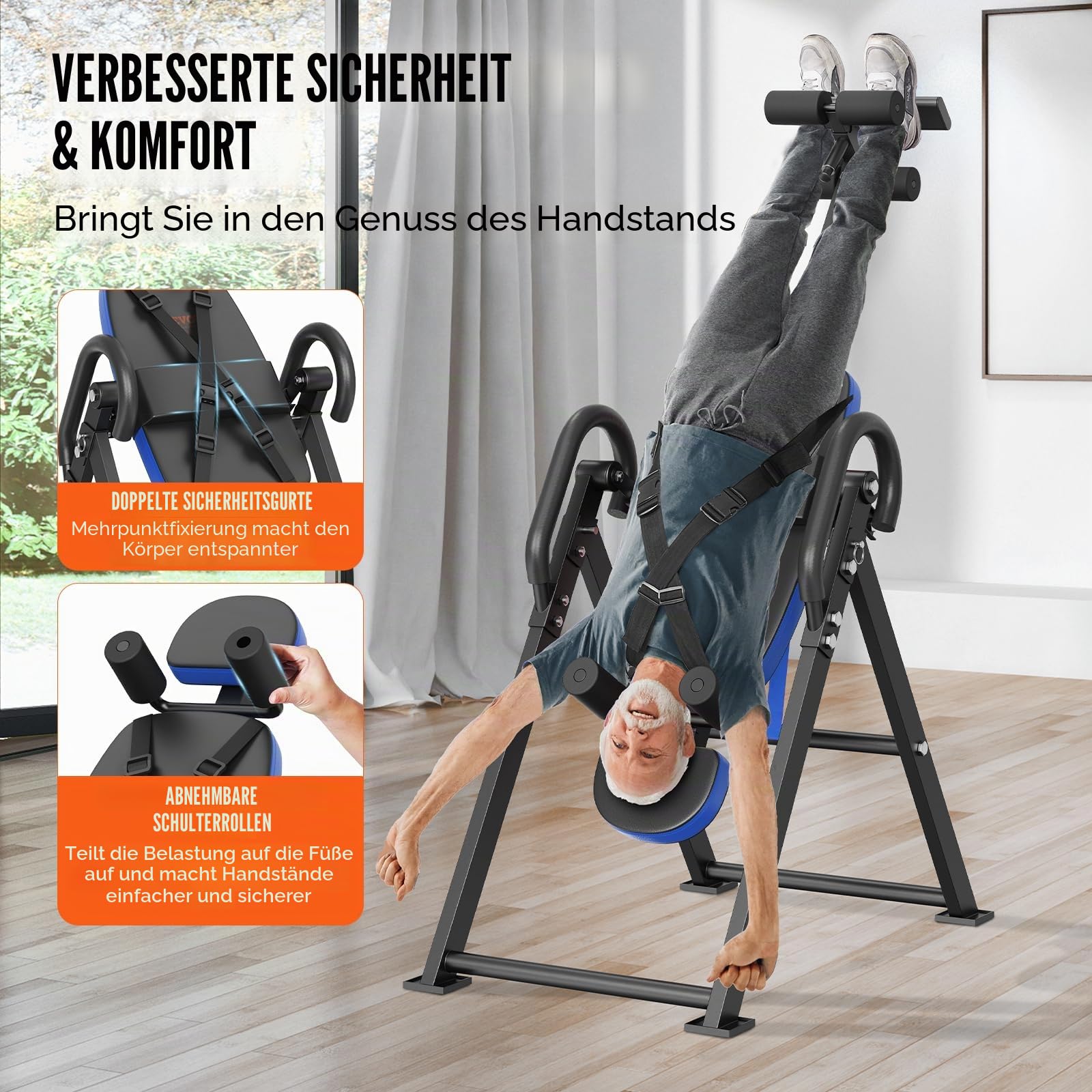 VEVOR Inversionstisch Inversionsbank, 136 kg belastbar, Multifunktionsgerät, Rückentrainer, klappbares Krafttrainingsgerät mit Kopfstütze, Knöchelverriegelung, verstellbarem Schutzgurt, Blau/Schwarz