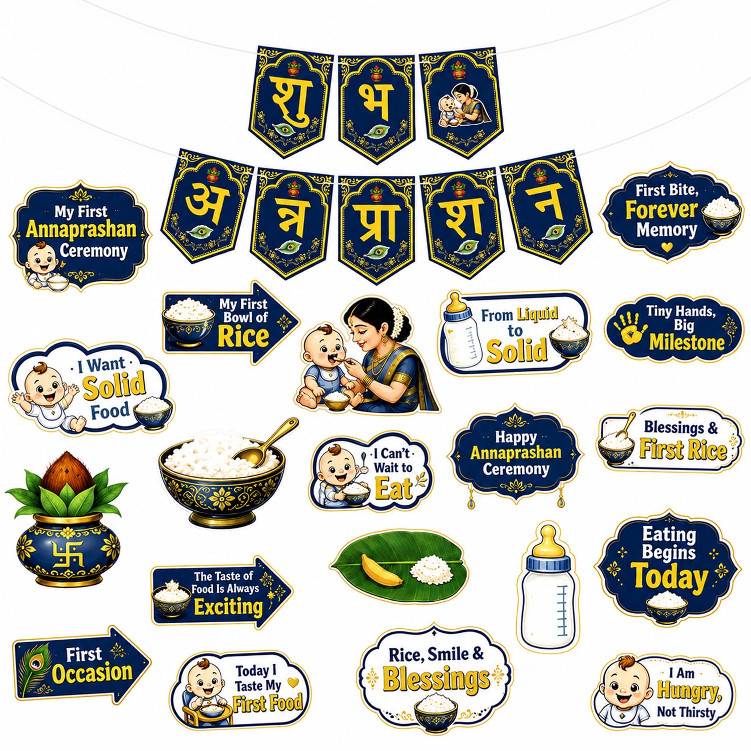 Rozi Decoration Annaprashan Decoration Kit Blue Theme for Baby First Rice Ceremony - Set of 21 | Shubh Annaprashan Paper Banner with Cutouts, Rice Ceremony Props, Baby Photo Booth Decor-image-46