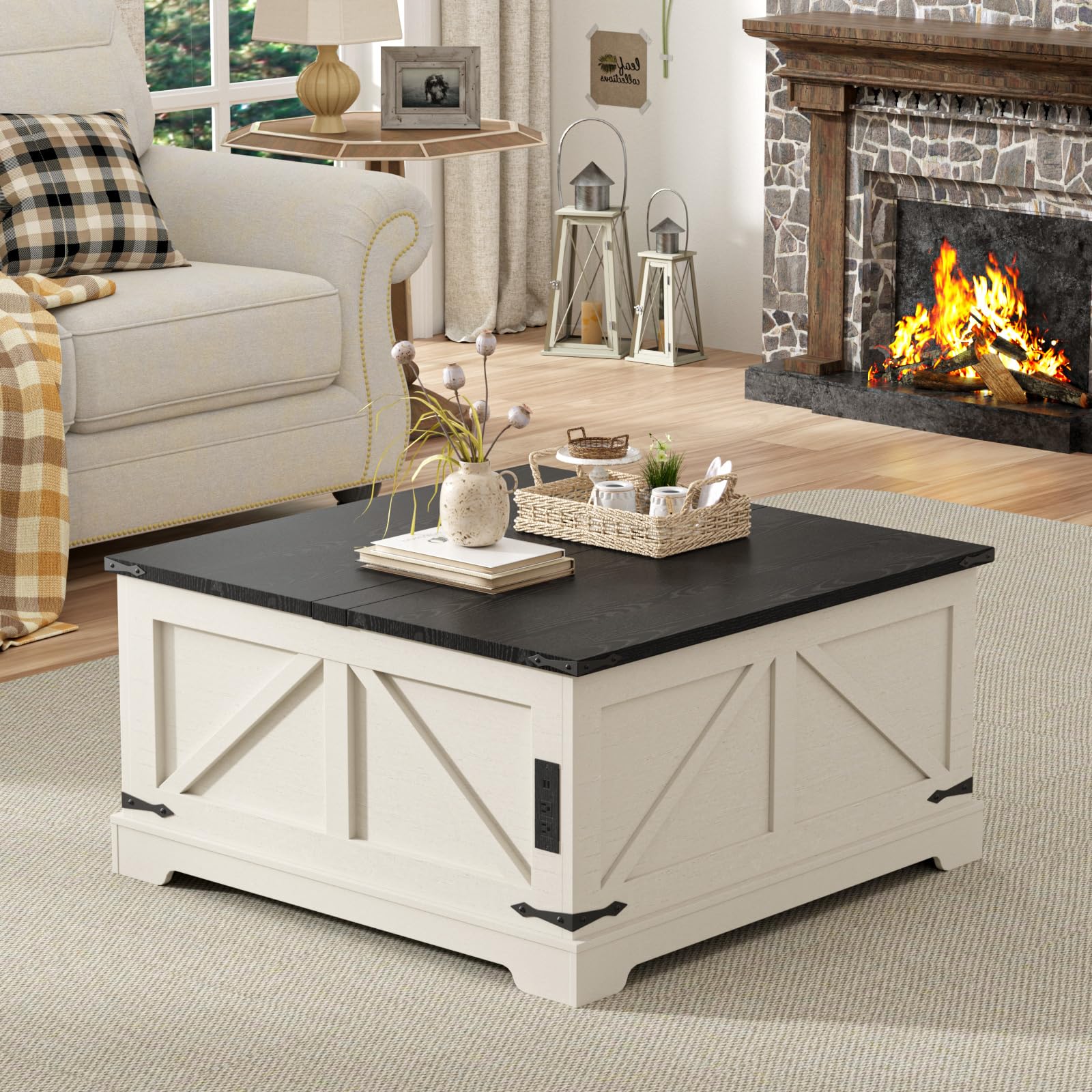 Coffee Table with Storage Farmhouse Lift Top Wood Square Center Table with Charging Station Rustic Cocktail Tables with