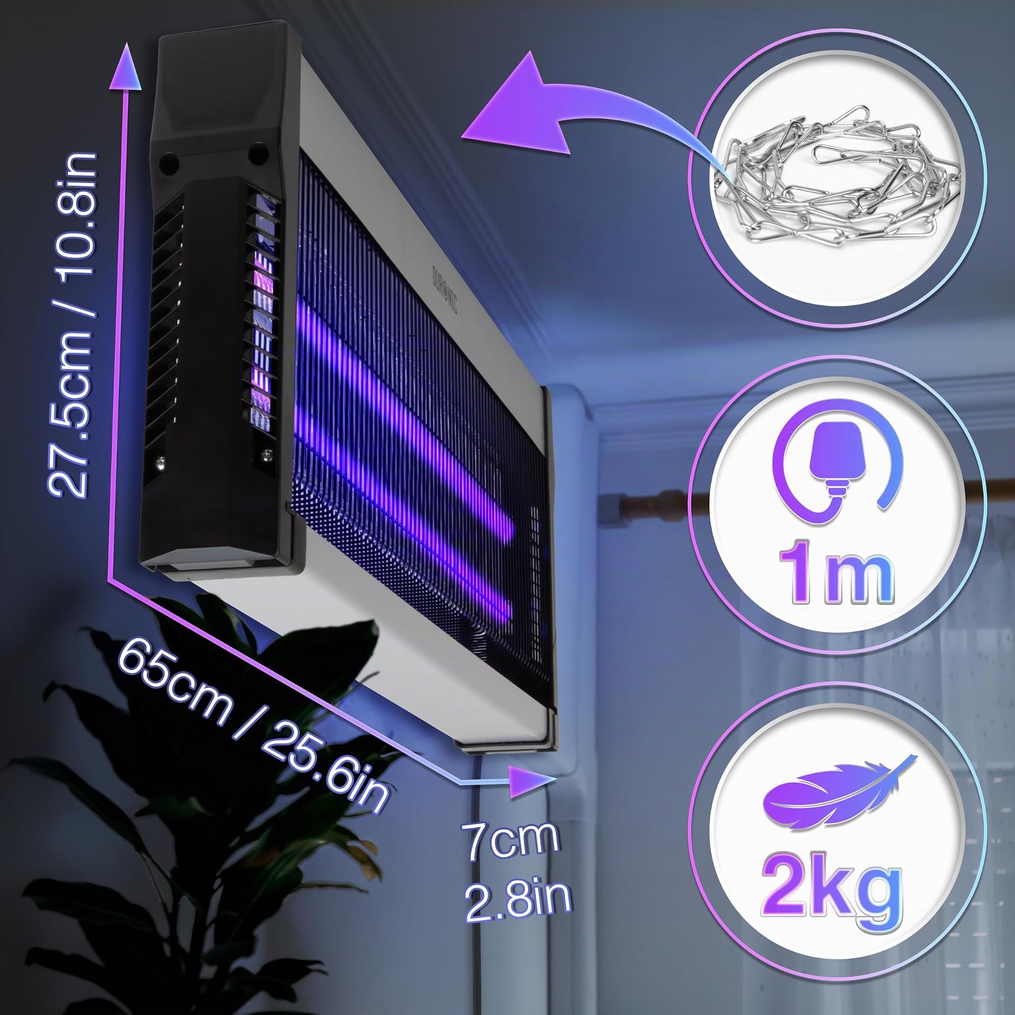 Duronic FK2X10 Lampada Antizanzare Elettrica UV-A 16W Zanzariera Elettrica | Doppia Lunghezza d'Onda UV Ammazza Mosche Elettrico da Interno con Vaschetta Estraibile e Catena per Casa, Cucina e Ufficio