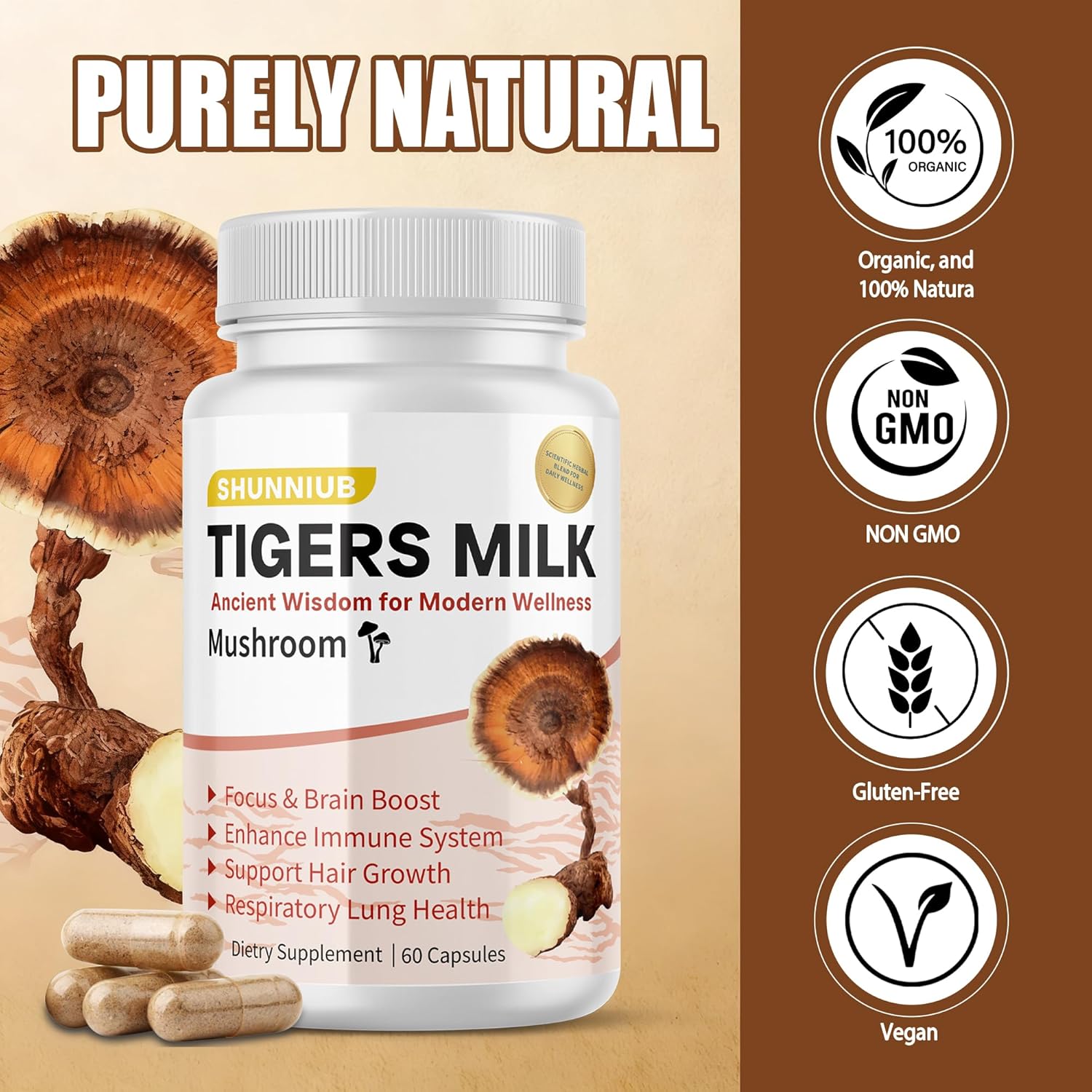 Tiger Milk Mushroom Supplement, Formulated for Lung & Respiratory Health Support, Focus & Brain Support, Digestive Health Boost & Immune Support, Hair Growth & Skin Health, 60 Capsules