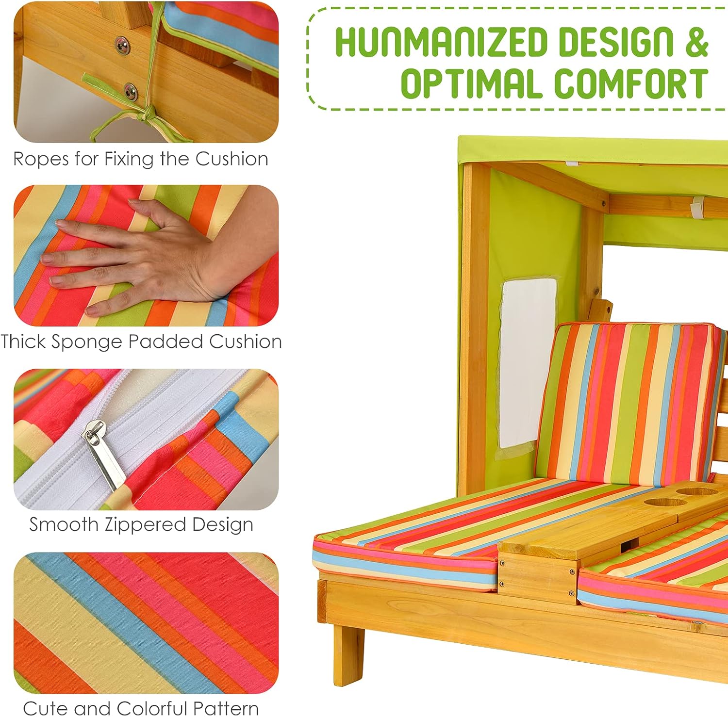 Costzon Kids Lounge Chair Outdoor, Wood Double Seat Chaise Lounge with Canopy, Cup Holders, Cushion, Backrest Recliner, Kids Patio Furniture, Gift for Boys Girls 3-8 Years Old