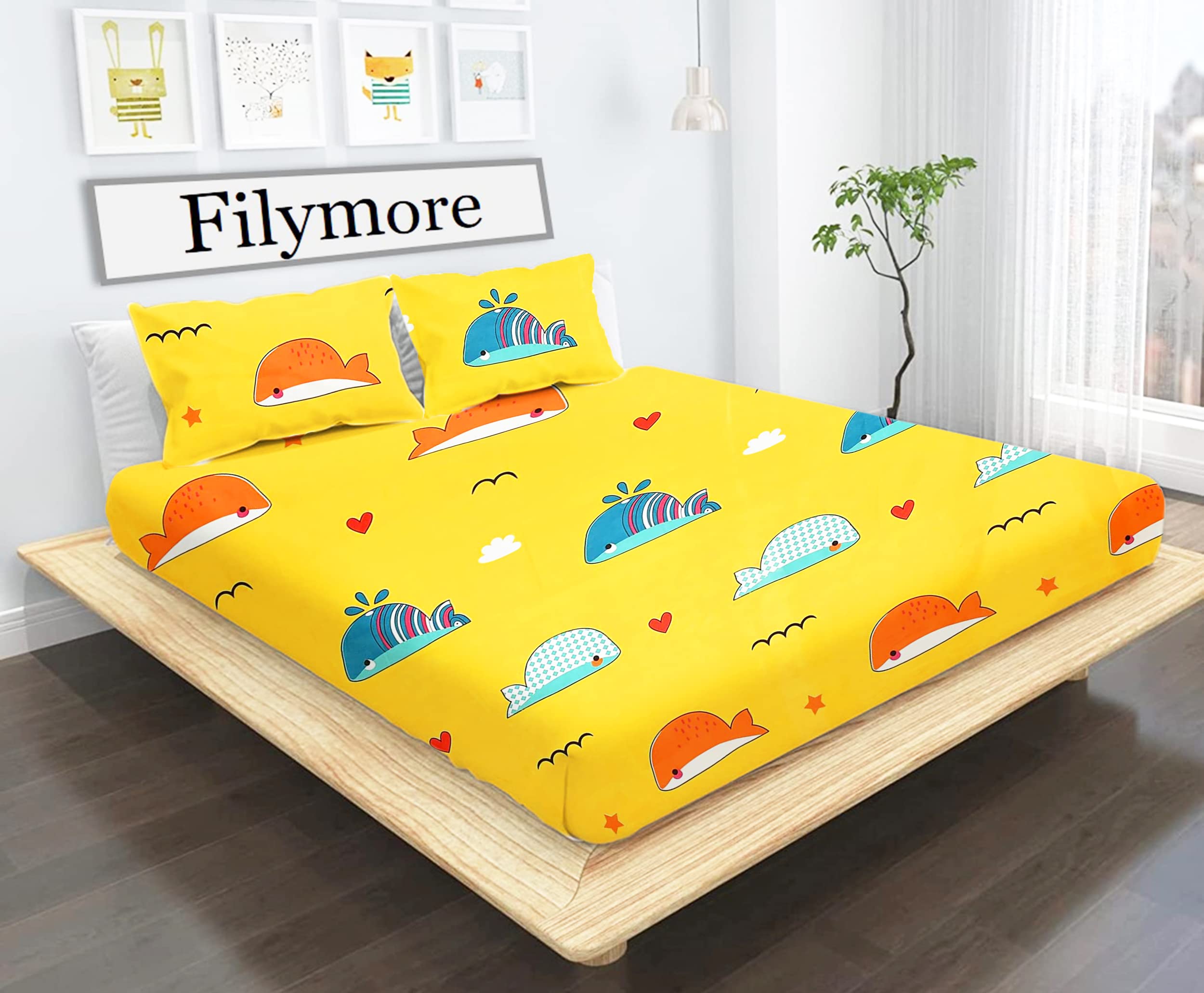 Filymore Cute Fish Double bedsheet for Kids Room Bedsheet Set for Queen Size Bed with 2 Pillow Covers - Pure Microfiber, Yellow-Color (90x90 inches) (B09V46XKZY) Amazon Price History, Amazon Price Tracker