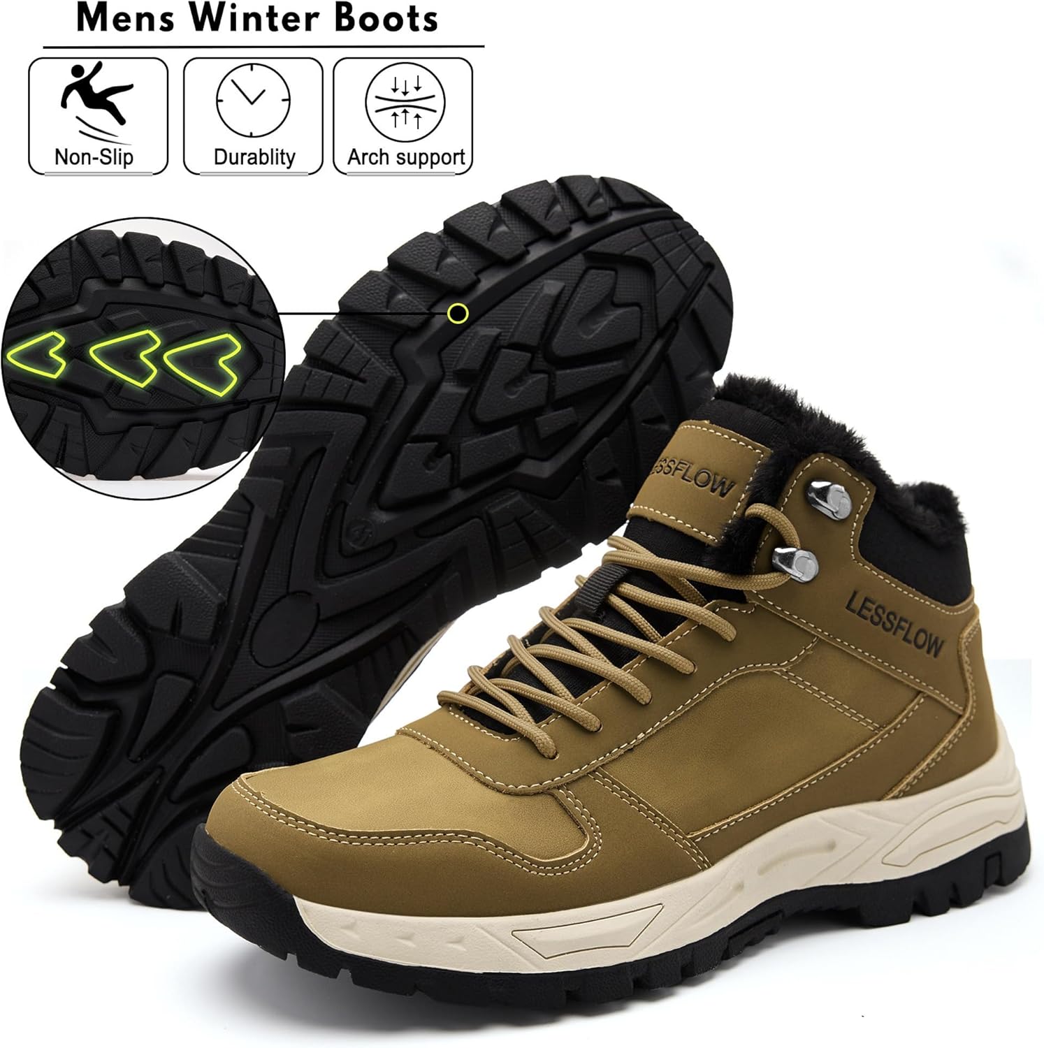 Mens Winter Snow Boots Anti Slip Hiking Shoe Warm Fur Lined Work Walking Ankle Shoes Leather Casual Lightweight Outdoor Cold Weather Brown 11.5 - Image 4