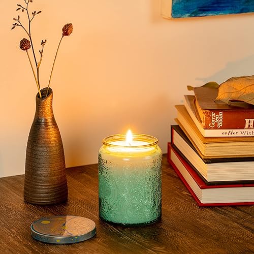 Miniatura 4 de Art Secret Paquete de 9 tarros de vela de vidrio en relieve de 8 onzas con tapas y etiquetas, diseño de estrellas de sol y luna (azul)