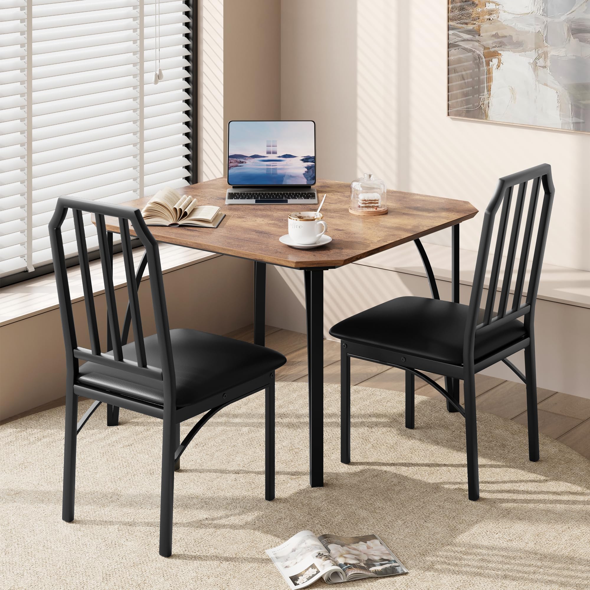 Dining Set 3-Piece Dining Room Set for 2 People Kitchen Table Set Metal Frame with 2 Upholstery Chairs Kitchen Table Seating Set Country House Style for Dining Room Kitchen Living Room