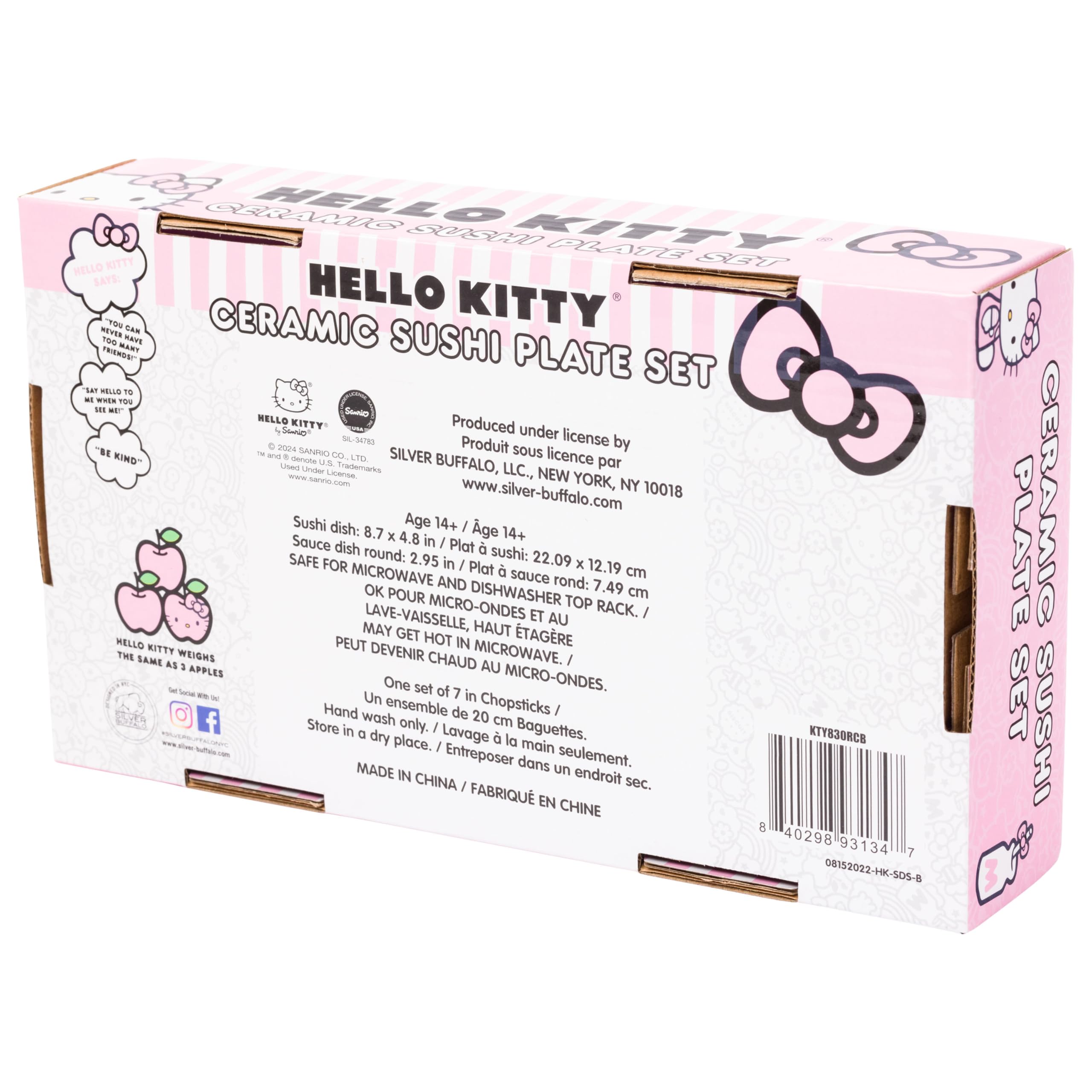 Silver Buffalo Sanrio Kawaii Ceramic Sushi Set with Dipping Sauce Dish and Matching Chopsticks: Hello Kitty Strawberries and Bows