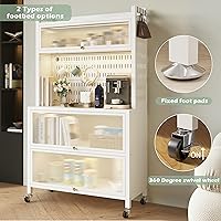 Vista 6 de COVAODQ Estante de cocina para panadería con armario de puerta abatible, soporte de microondas de 5 niveles con accesorios de tablero de clavijas