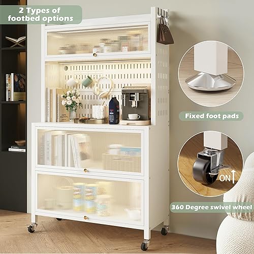 Miniatura 6 de COVAODQ Estante de cocina para panadería con armario de puerta abatible, soporte de microondas de 5 niveles con accesorios de tablero de clavijas