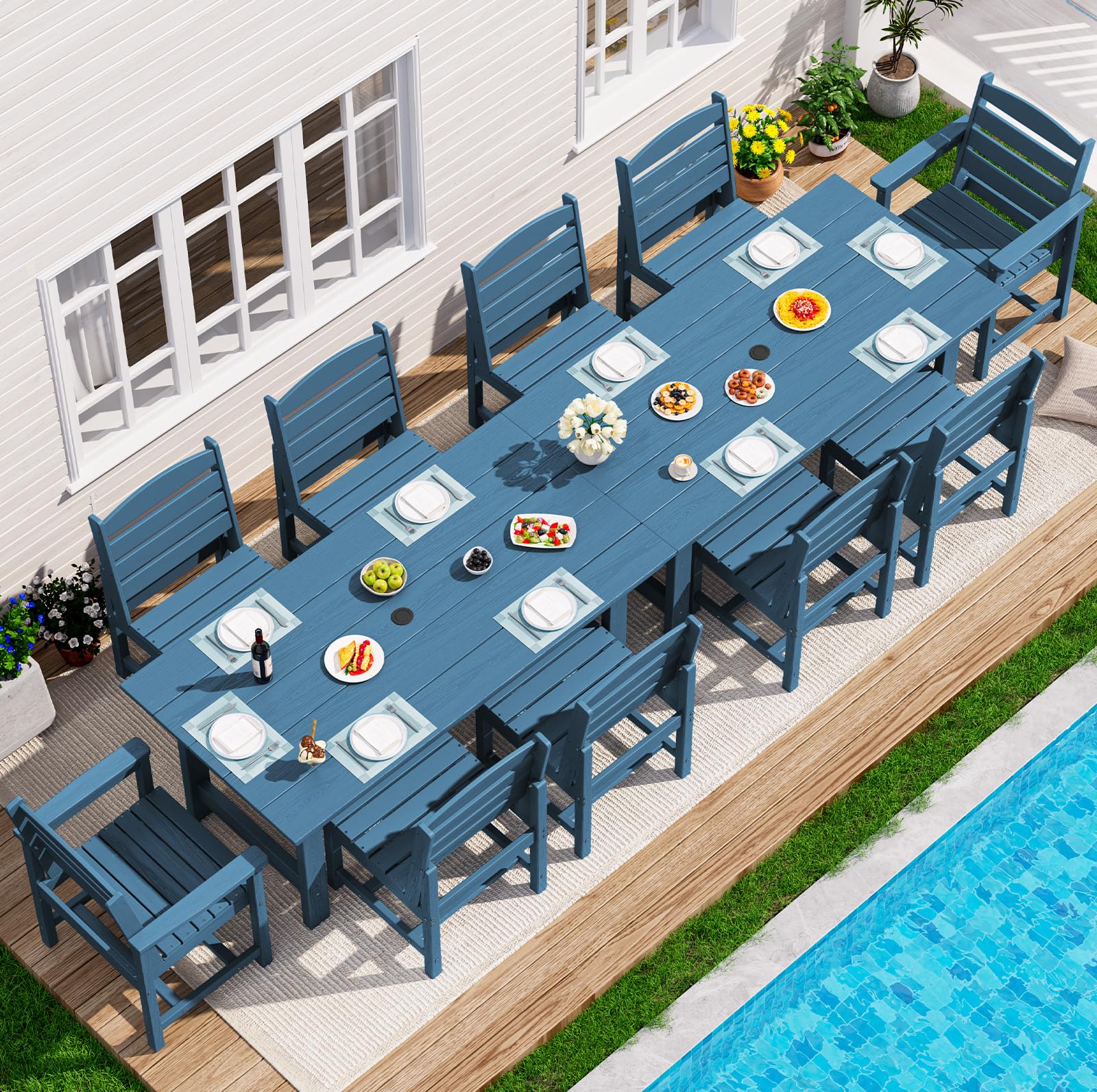 SERWALL HDPE Outdoor Dining Set for 10 with 2 Tables &amp; 10 Chairs, Blue | Includes 2 Rectangular Tables(67") and 10 Chairs. All-Weather Resistant Dining Furniture