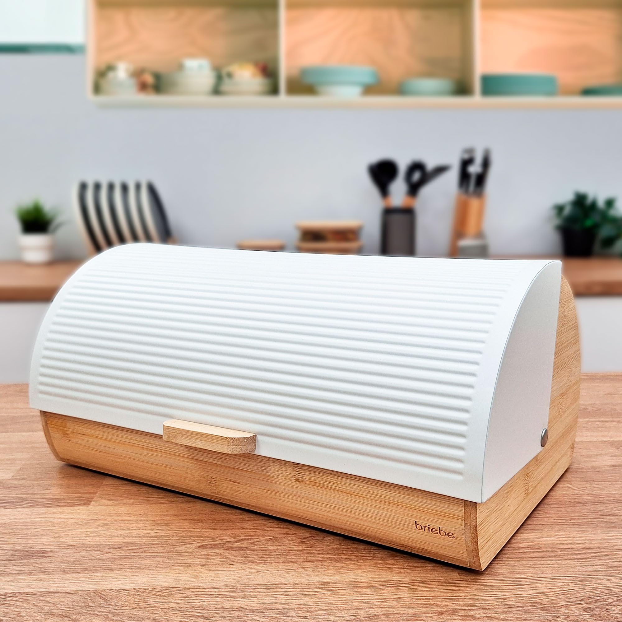briebe Nordic Panera para Guardar Pan de Mesa Madera Bambú, Tapa Deslizante, Bread Box para Almacenamiento Pan y Bollería, Diseño Nórdico Moderno, Blanco