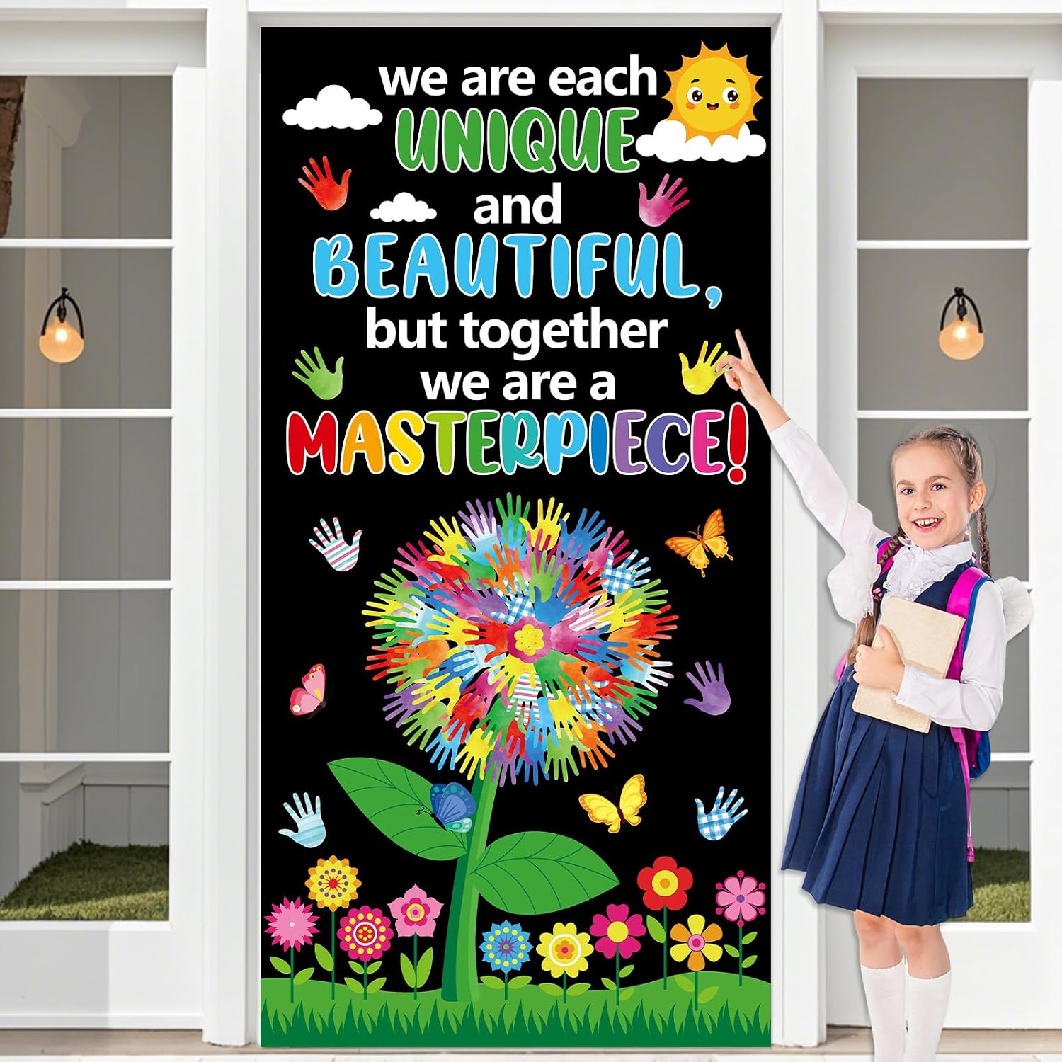 Handprint Flowers Door Cover Colorful Hands Tree Butterfly Porch Banner Sign Summer Flowers Door Hanging Decoration Inspirational Backdrop for Back to School Party Photo Booth Props Indoor Outdoor