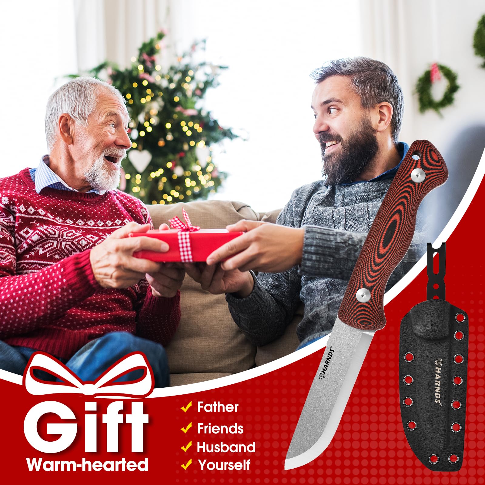 HARNDS Discovery Cuchillo de fijación de tono completo al aire libre en acero 10Cr15CoMoV con empuñadura G10 extraíble, carcasa ajustable, alisado escandinavo (negro-rojo)