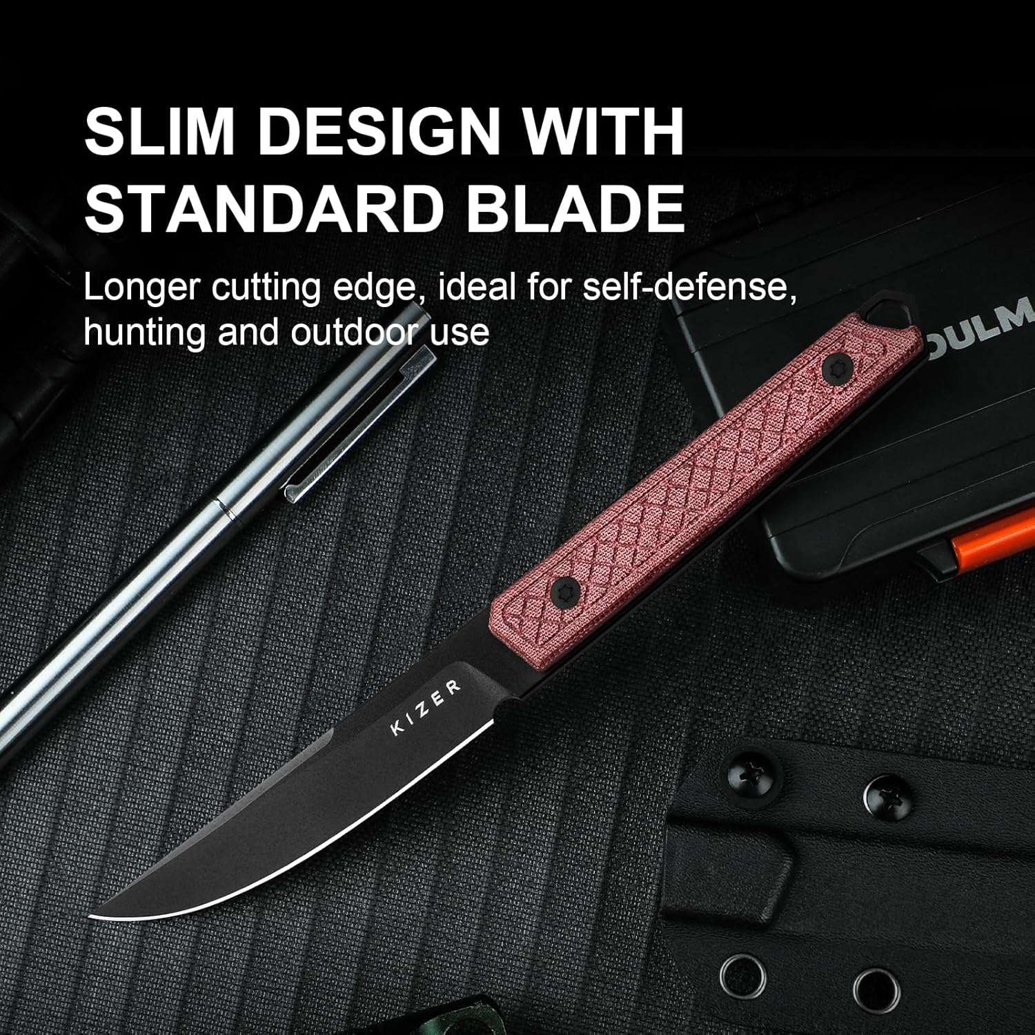 Kizer Kwaiken Fixed Blade Knife, 3.94" D2 Steel Hunting EDC with Red Denim Micarta Handle, Survival Knife with Adjustable Sheath for Hiking Camping Outdoor Knives 1066A1 - Image 9