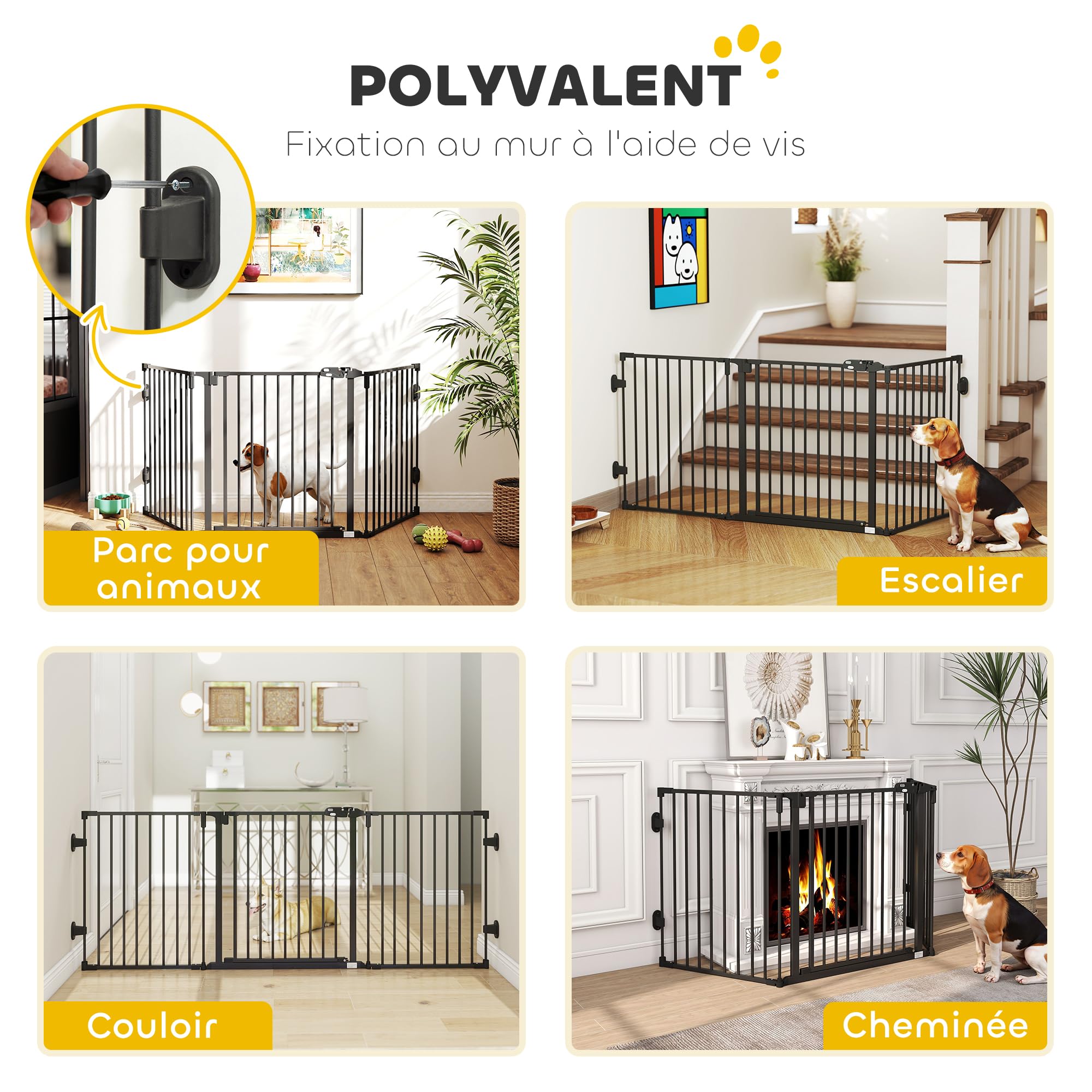 PawHut Barriere de securite Chien Pliable avec Porte en Acier, Barriere de securite cheminée 3 Panneaux modulable Fermeture Automatique, Grille de Protection pour Animaux 202,5 cm, Noir | 3 Panneaux Modulable, Fermeture Automatique, Grille de Protection p