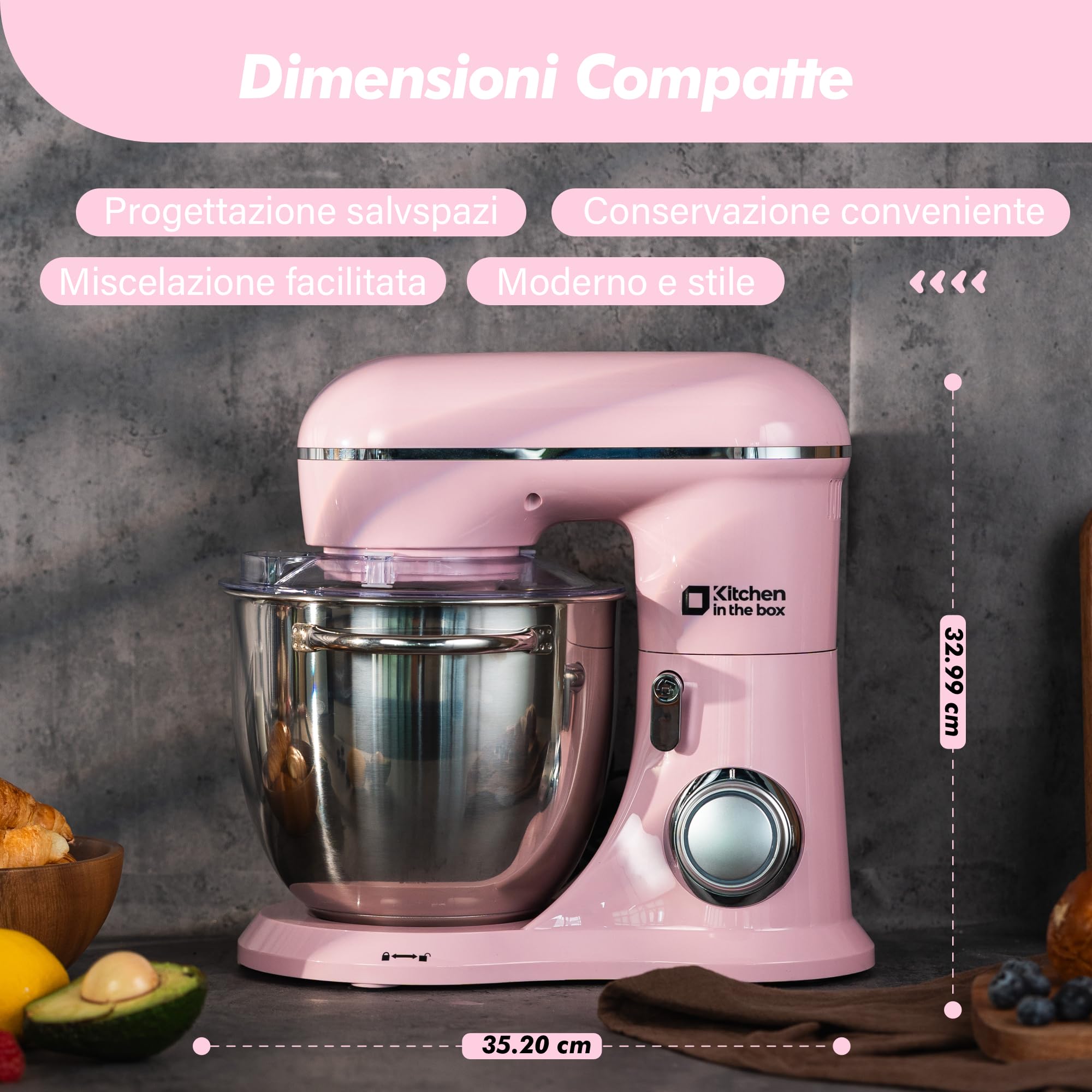 Kitchen in the box Impastatrice Planetaria, 6L Planetaria Professionale 1400W, 10 Velocità con Uncino Impastatore, Mescolatore e Frusta Sbattitrice (Rosa)