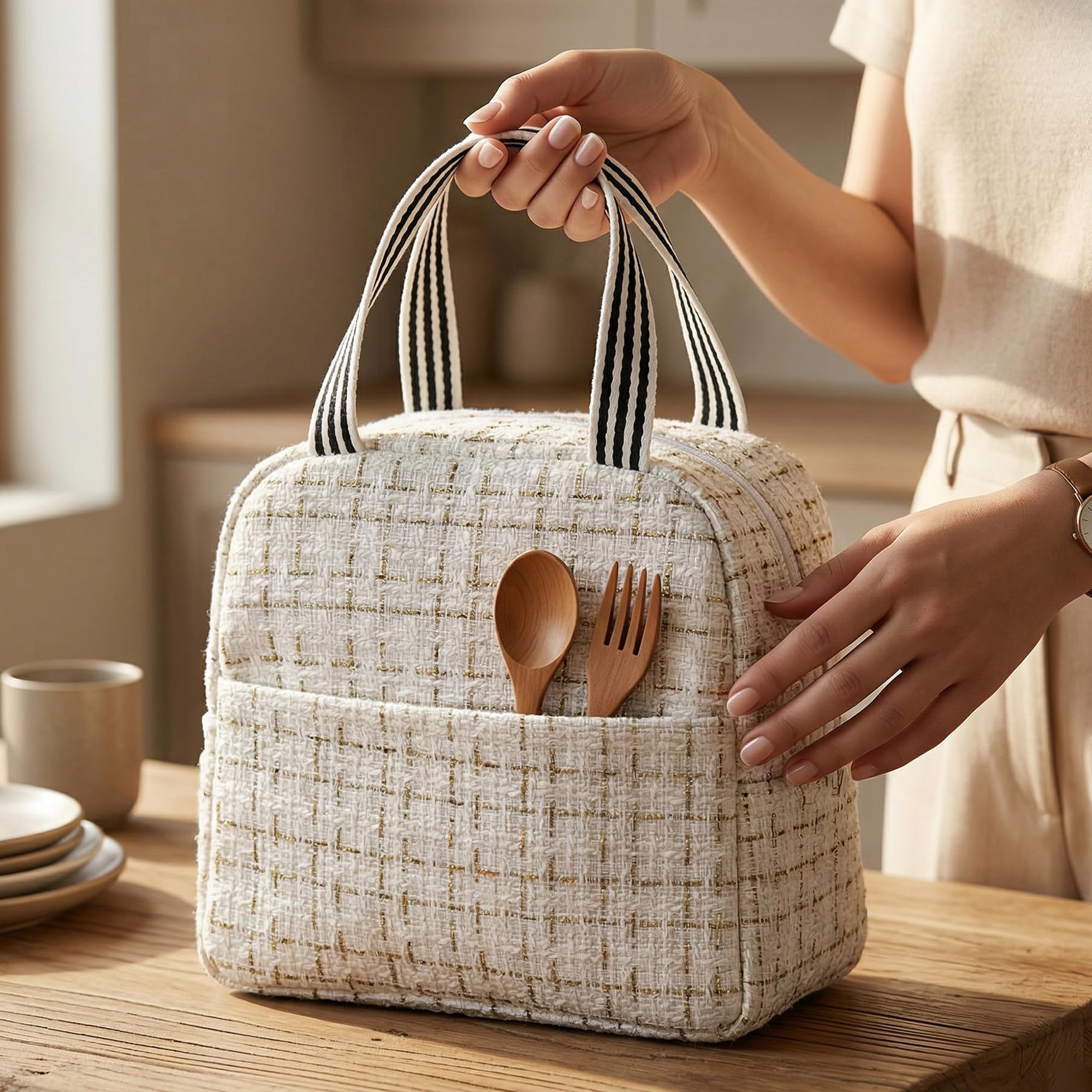 The Earth Store Beige Check Insulated Lunch Bag for Office, Men, Women | Travel Tiffin Bag with Handle, Waterproof & Leakproof | Reusable Thermal Lunch Box Bags-image-24