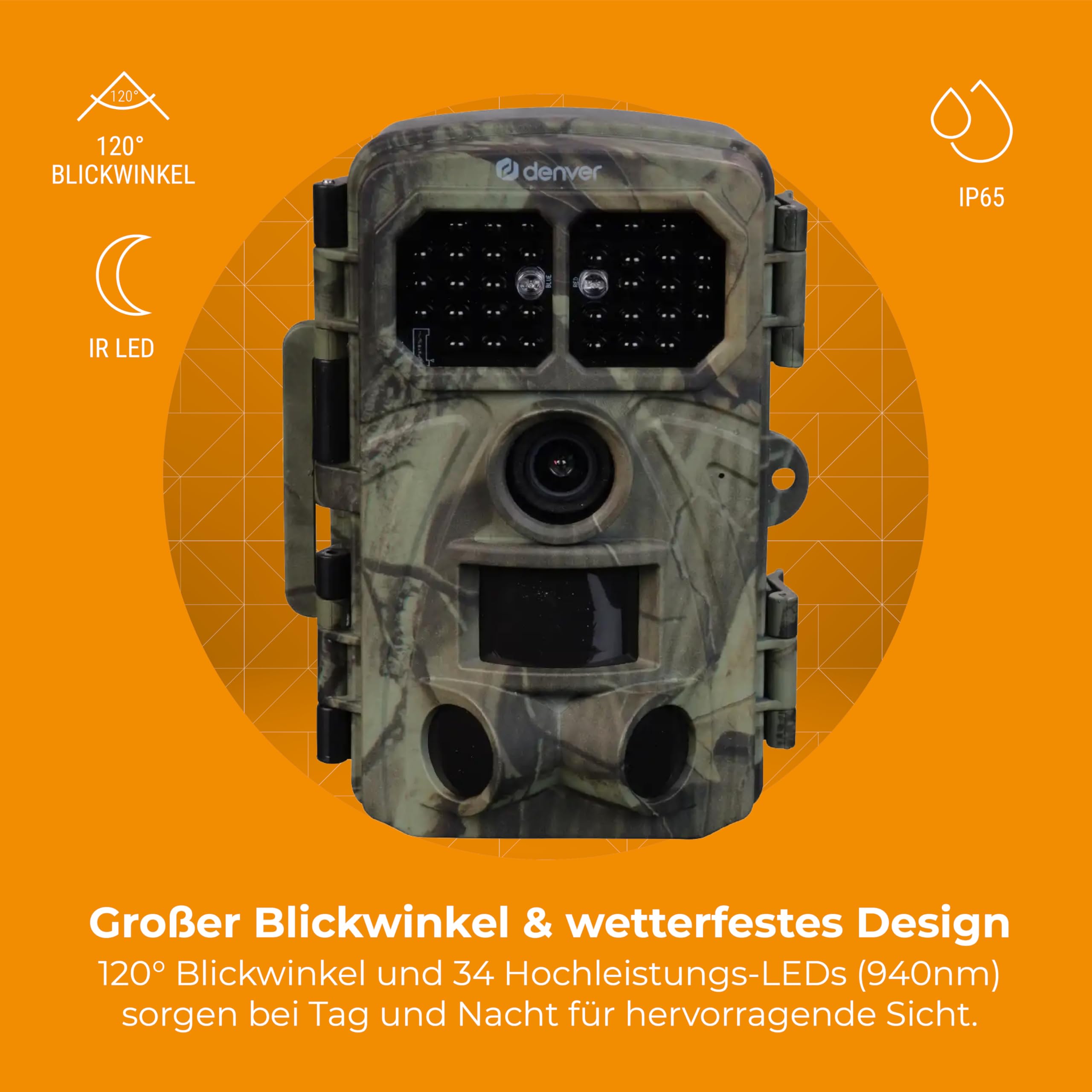 Denver WCT-8026W Digitale Wildkamera mit Wi-Fi, 48MP Foto, 4K Video, 120° Blickwinkel und IP65 Wasserdicht & bis zu 8 Monate Standby