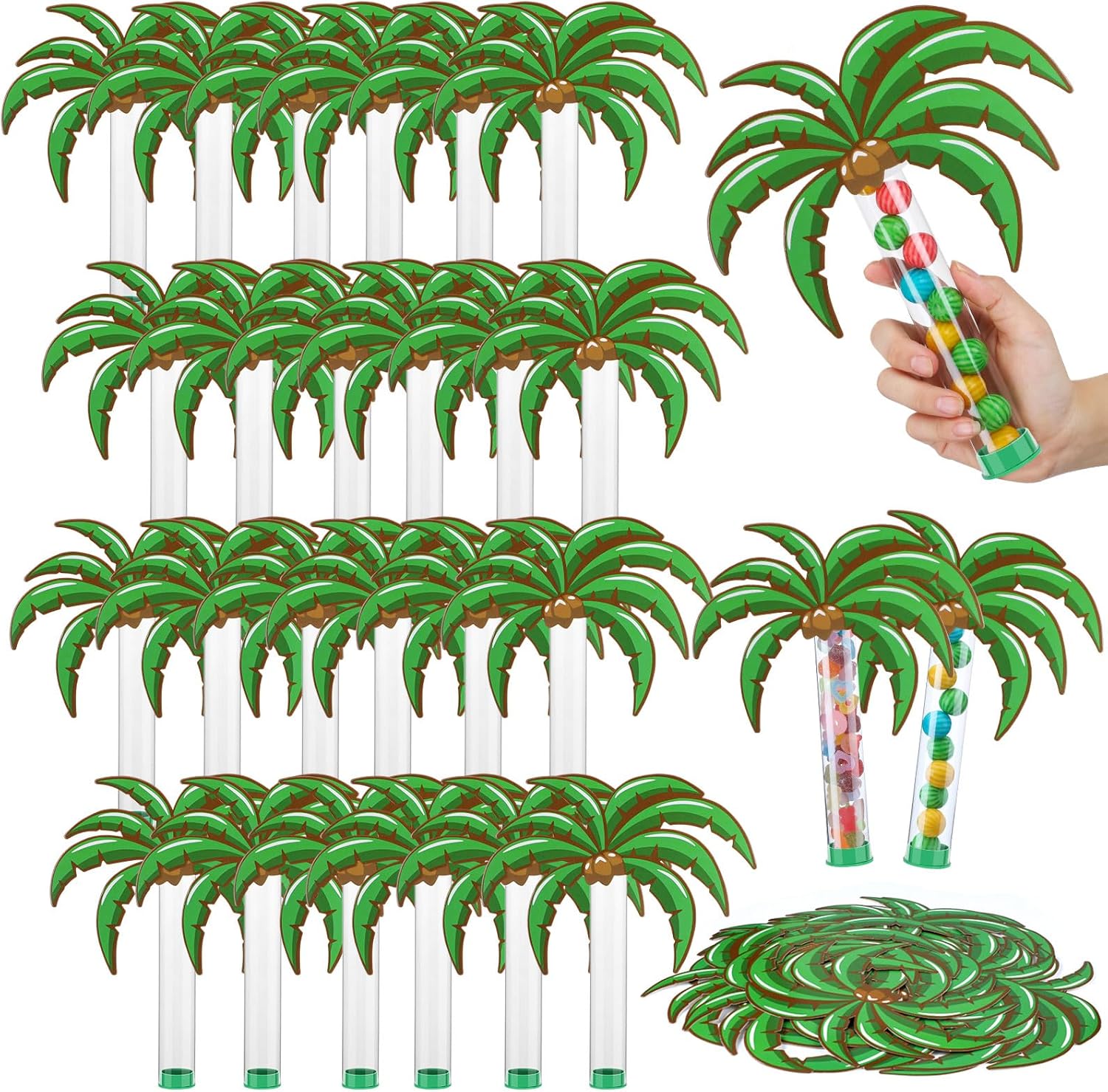 24 Pcs Tropical Luau Party Palm Tree Party Favors Palm Leaves Candy Tubes Hawaiian Beach Birthday Party Decor Supplies Clear Container for Hawaiian Party Baby Shower Summer Theme Decorations