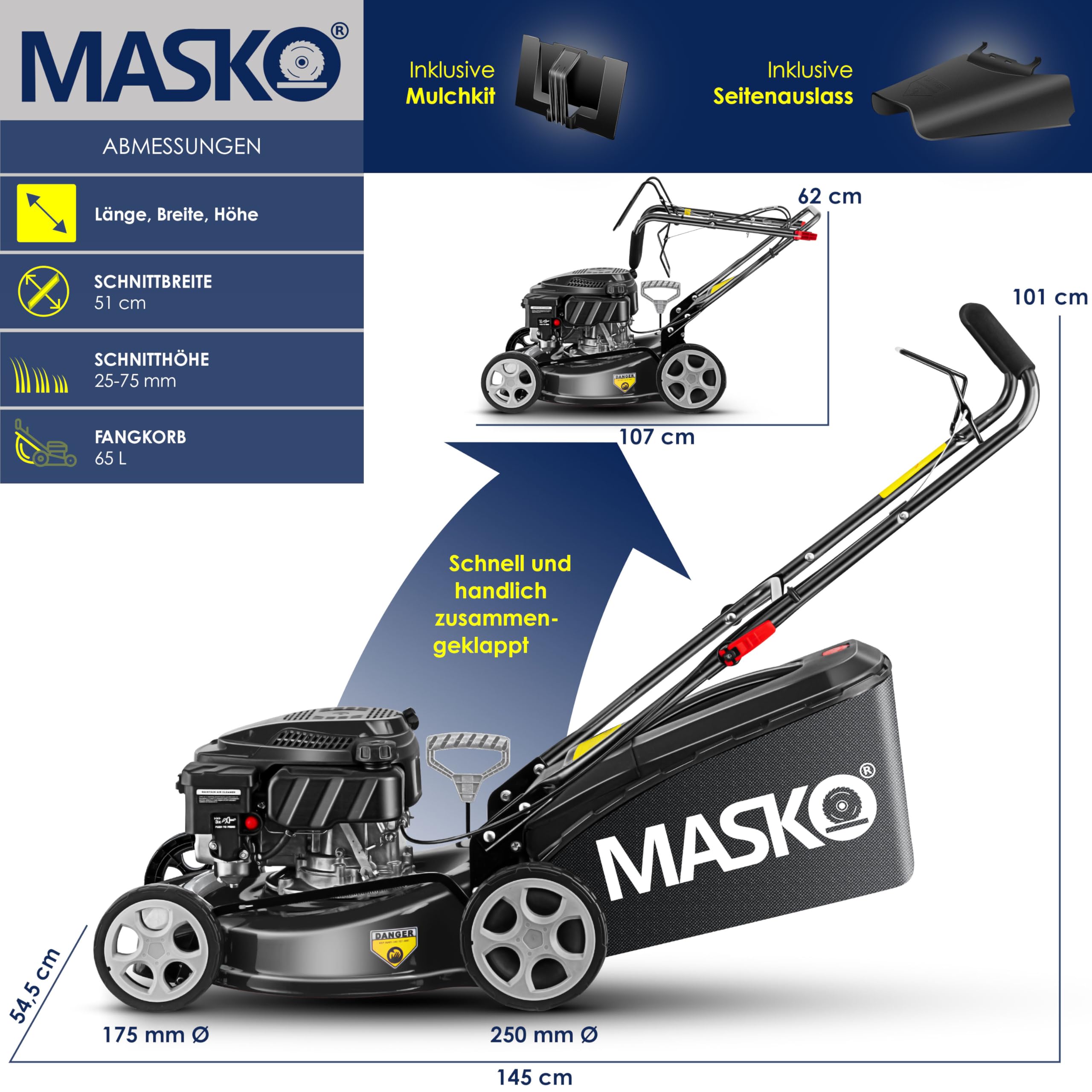 MASKO® Benzin Rasenmäher 5in1 | 51 cm Schnittbreite | 8- fache Schnitthöhenverstellung | 4 Takt OHV Motor 6,0 PS | 65 Liter Fangkorb| Inkl. Mulch- Kit, Seitenauswurf