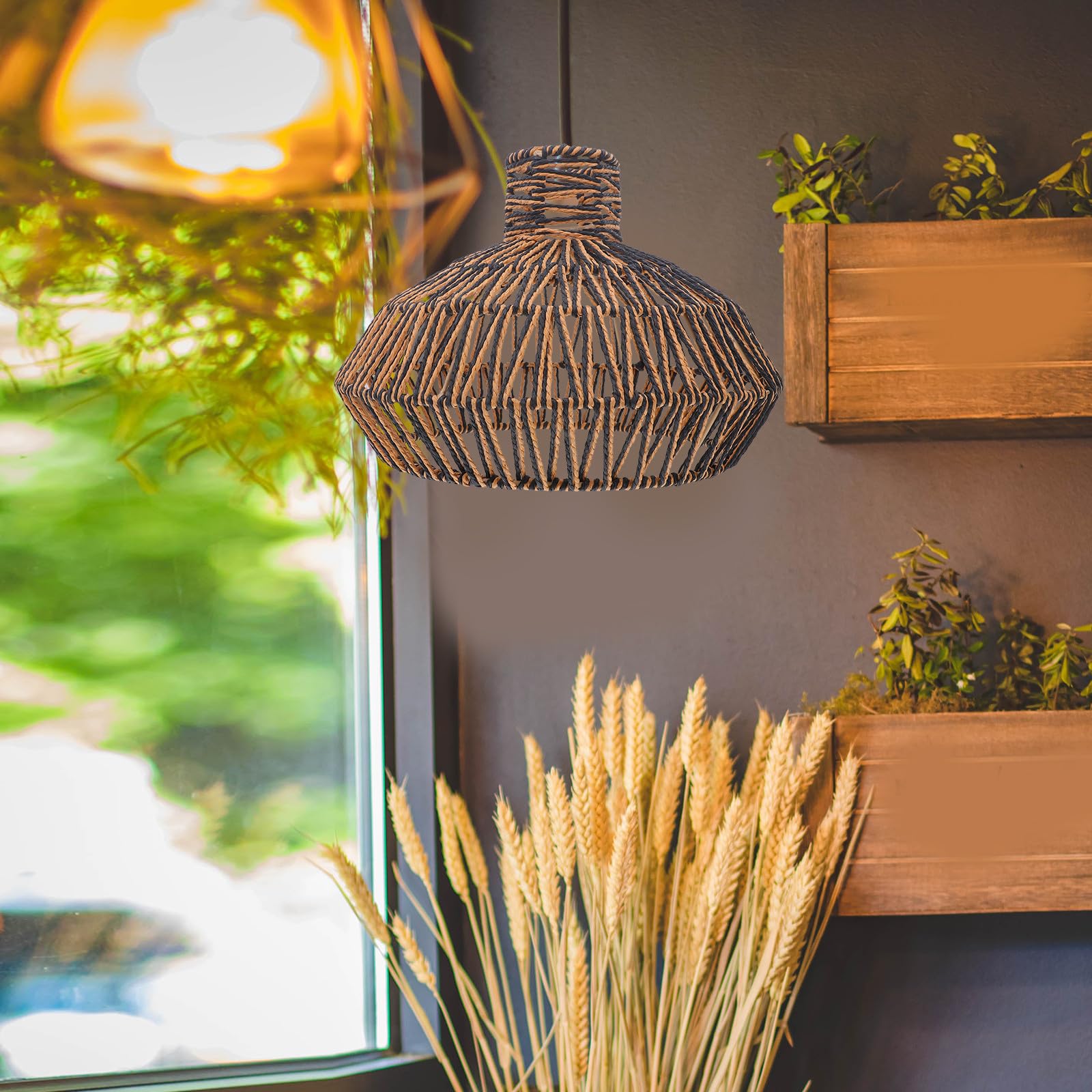 OUNONA Abażur z plecionej liny papierowej – nowoczesny, pleciony abażur sufitowy w stylu boho – osłona żarówki do lampy wiszącej w stylu rustykalnym, do przedpokoju, 12 x 8,3 cala