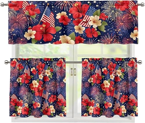Miniatura 56 de Juego de 250 cortinas de cocina con bandera estadounidense para ventanas, fácil de instalar, cortinas cortas de 24 pulgadas con bolsillo para barra