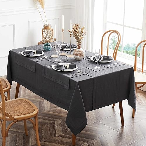 Miniatura 2 de Mantel de lino para el hogar, punto vainica, 60 x 102 pulgadas, rectangular, tela lavable, mantel de arpillera para cocina, comedor, Pascua, fiestas