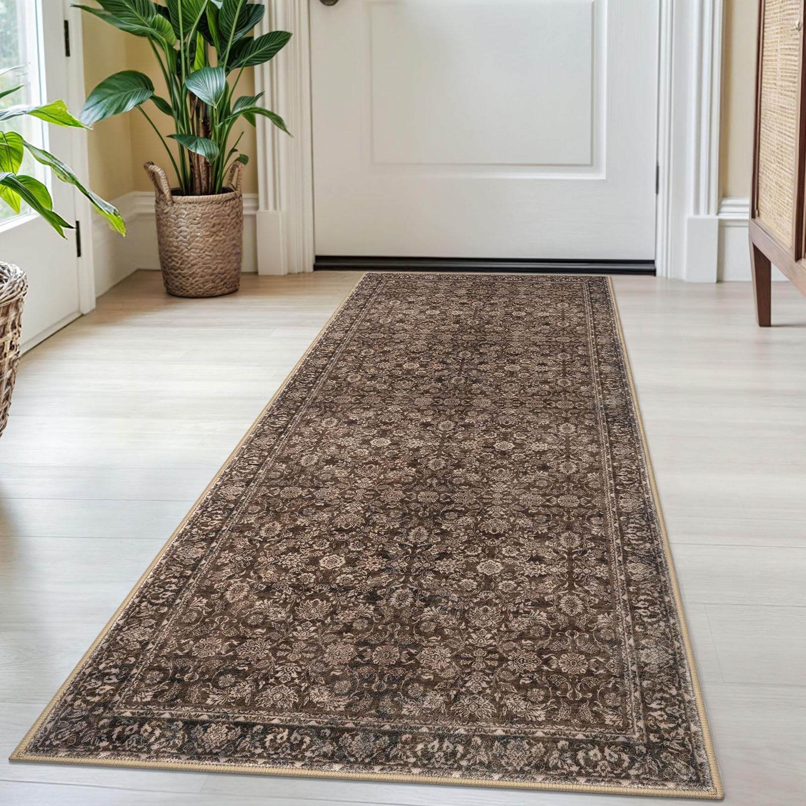 SIILOOM 2x5 Washable Rug Rust Reddish Brown Small Area Rug for Entryway, Soft Non-Slip Indoor Door Mat Distressed Floral Low-Pile Kitchen Rugs,