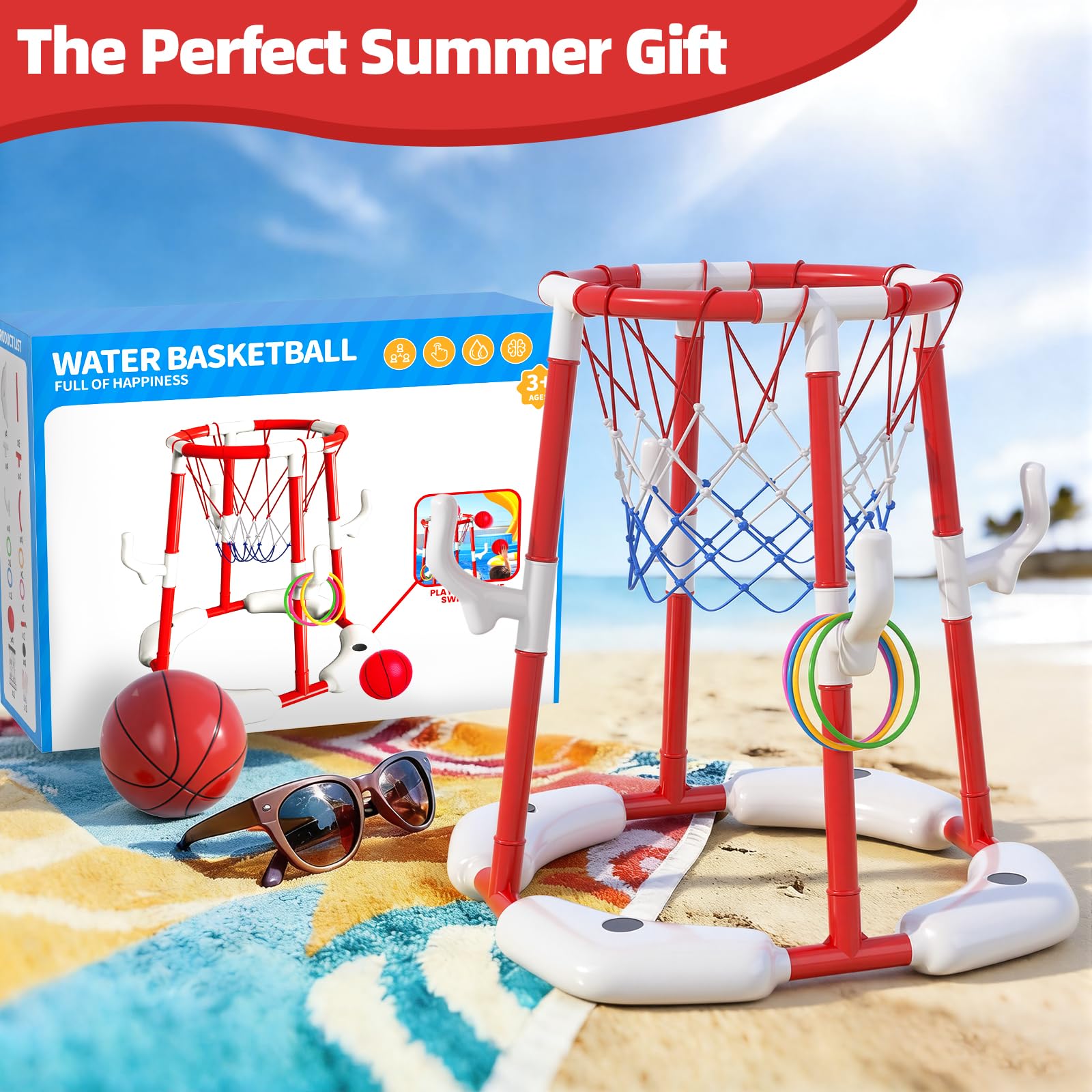Anneau de Basket-Ball pour Enfants de 4 à 8 et 8 à 12 Ans, Jeu d'eau 2 en 1, Flottant et Hors Sol, avec 4 balles, 12 Anneaux et Pompe, Jouet d'extérieur pour Piscine pour Adultes, fêtes d'été