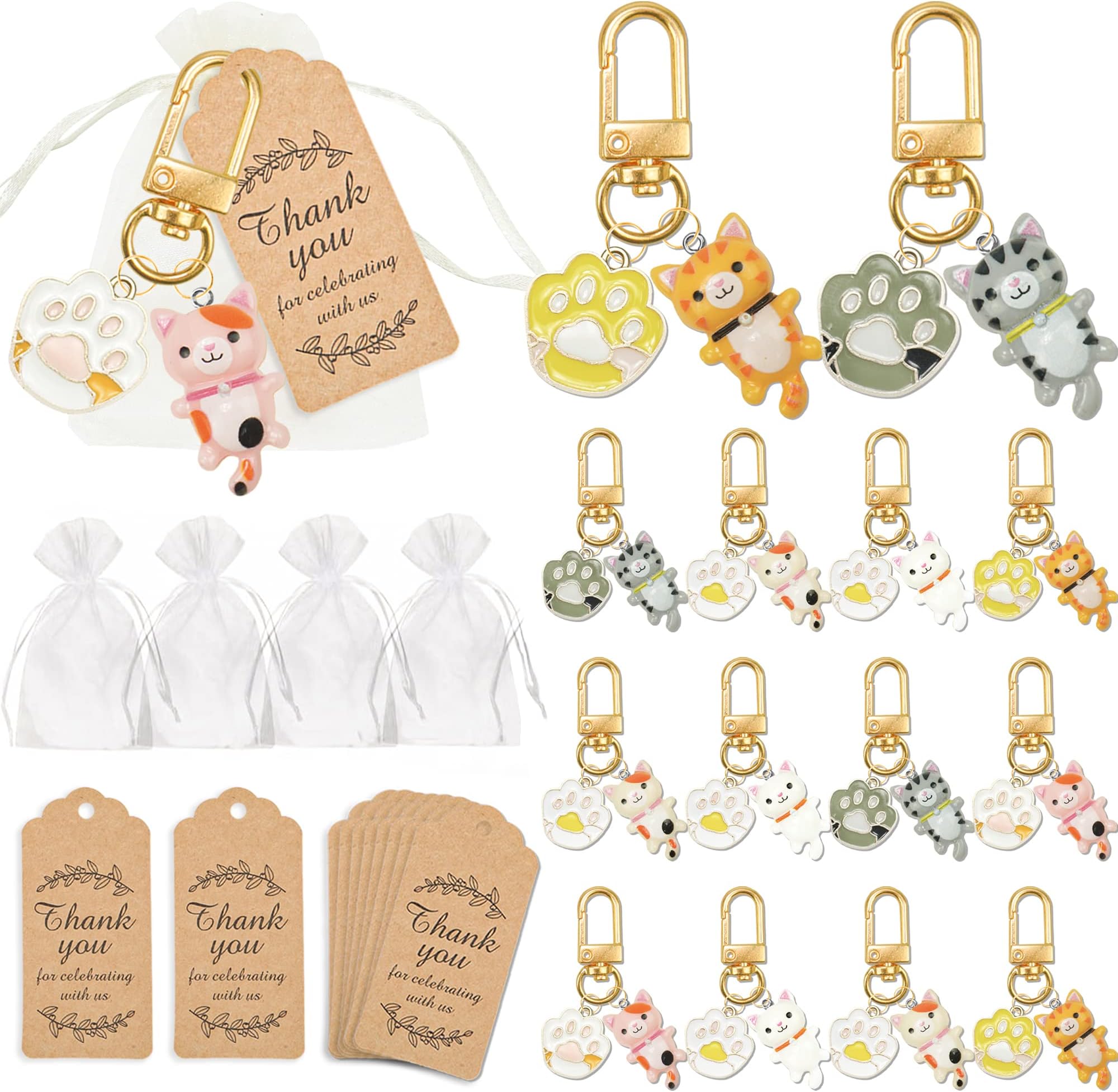 BANBALLON 12 Pack Cat Party Favors, Cute Cat Hanging Keychain Decoration With Organza Bags Thank You Kraft Tags for Party Favors Classroom Prizes Cat Themed Birthday Party Gifts