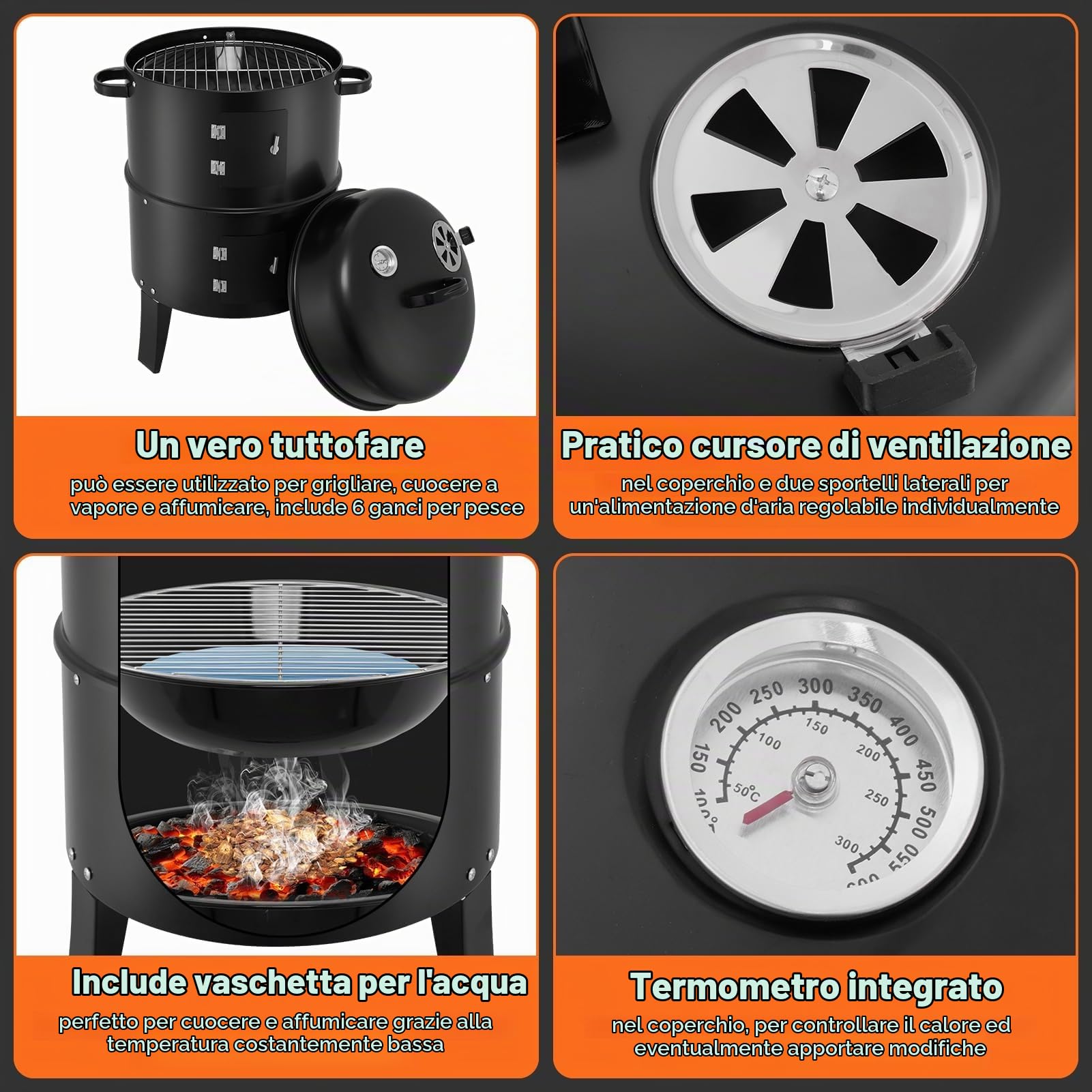 Affumicatore per barbecue, Ø 41 cm, grande griglia outdoor con termometro e 6 fessure di aspirazione, griglia a carbone per campeggio, picnic, giardino e cucina all'aperto