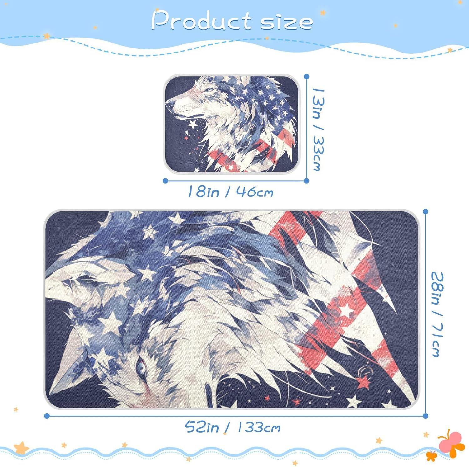 Funny Animal Wolf 4th of July Independence Day Cooling Baby Play Mattress 28" x 52" Washable Bed Pads for Kids for Kids, Adult