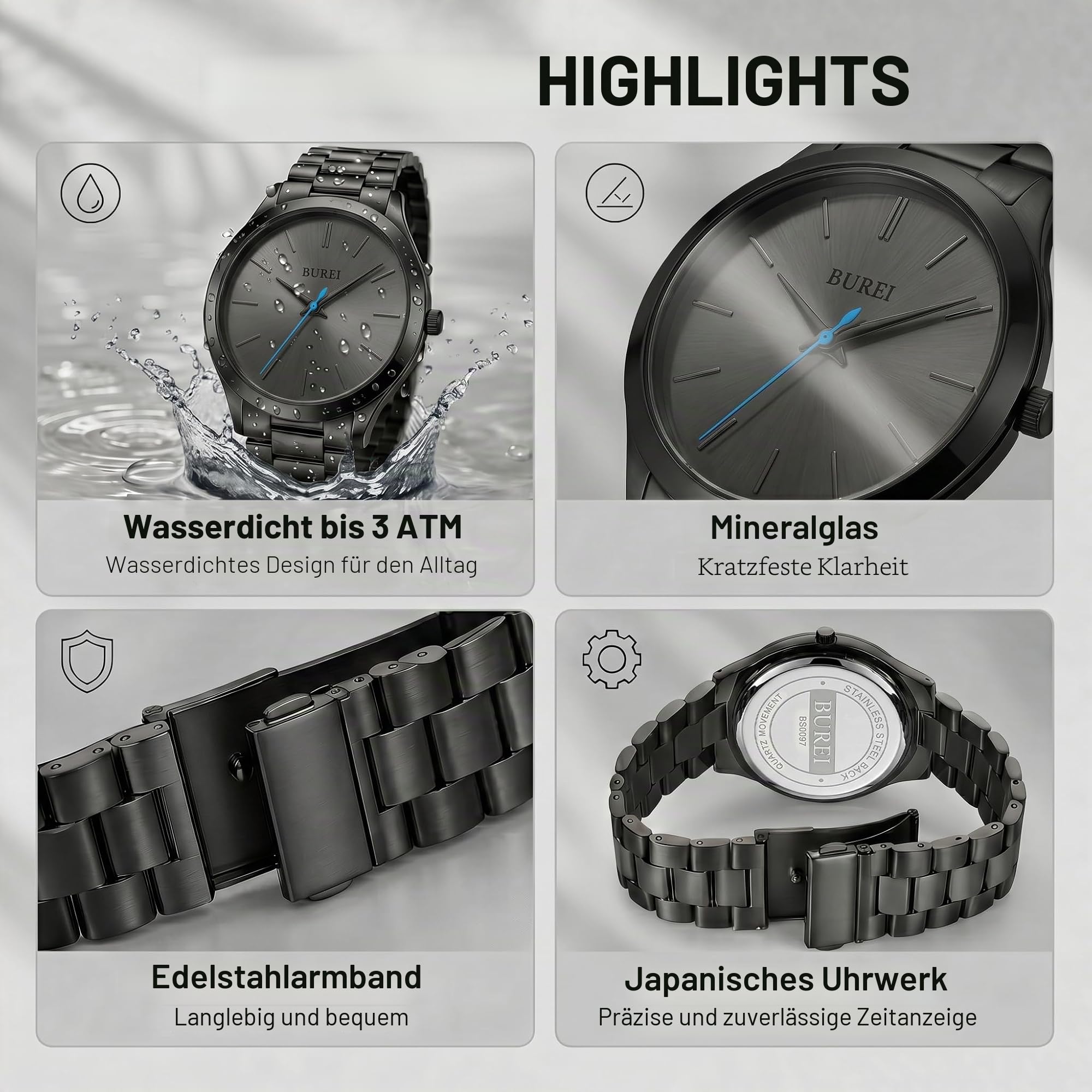 BUREI Ultradünne Herrenuhr – Minimalistisches Analog-Design, wasserdichtes Quarzwerk, Geschenk für Männer (Weiß/blau)