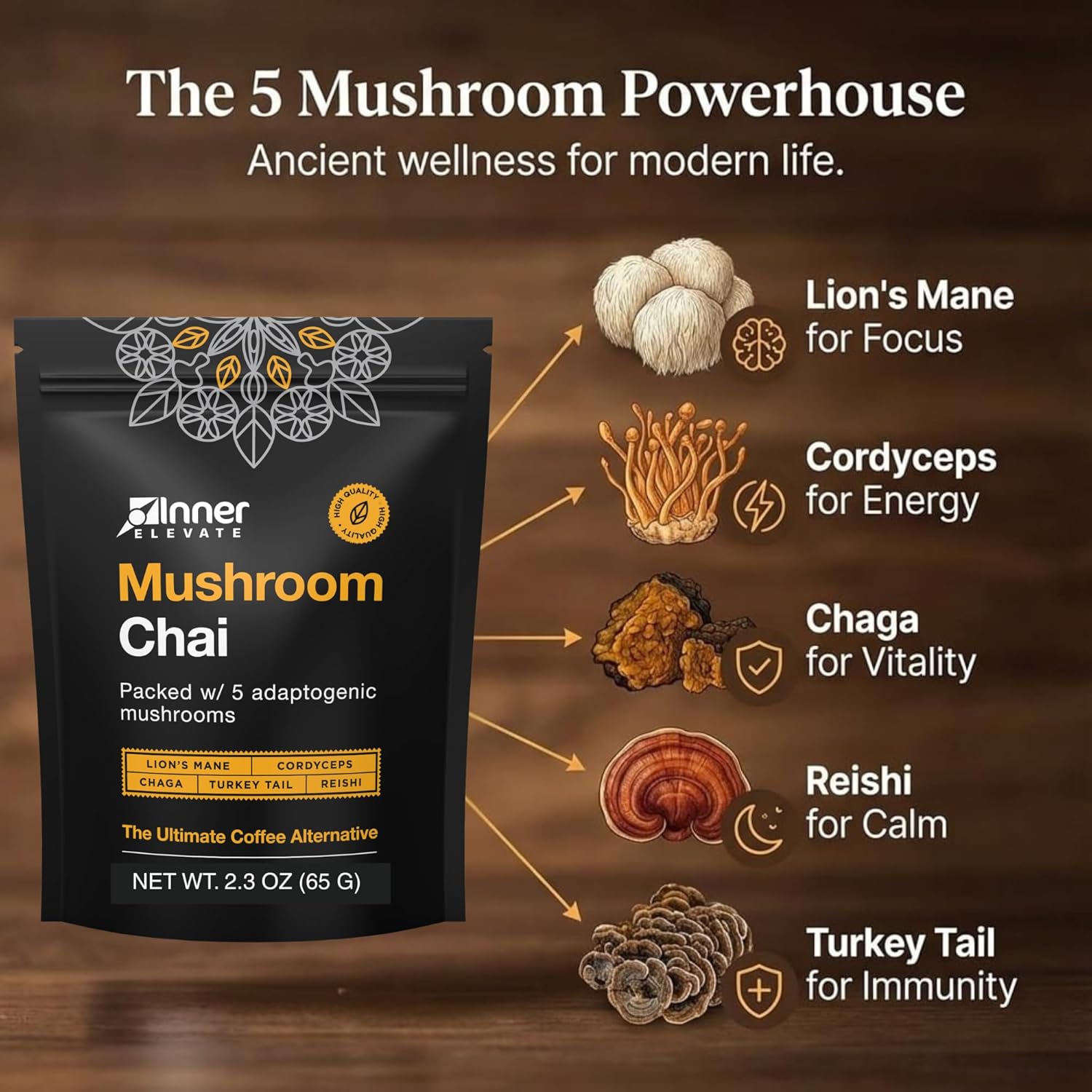 Inner Elevate Superfood Mushroom Chai - Ultimate Coffee Alternative - Adaptogenic Mushroom Tea Drink with Lion's Mane, Cordyceps, Chaga, Reishi, Turkey Tail (35 Servings)
