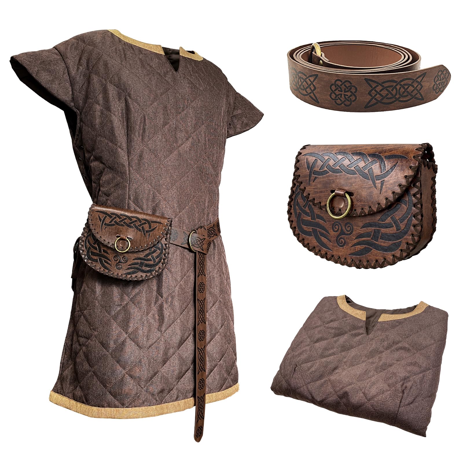 HiiFeuer Medieval Costume Tunic, With Vintage Belt and Bag, Mercenary Knight Body Cloth Armor, Renaissance LARP Cosplay Set for Ren Faire Halloween (Brown S)