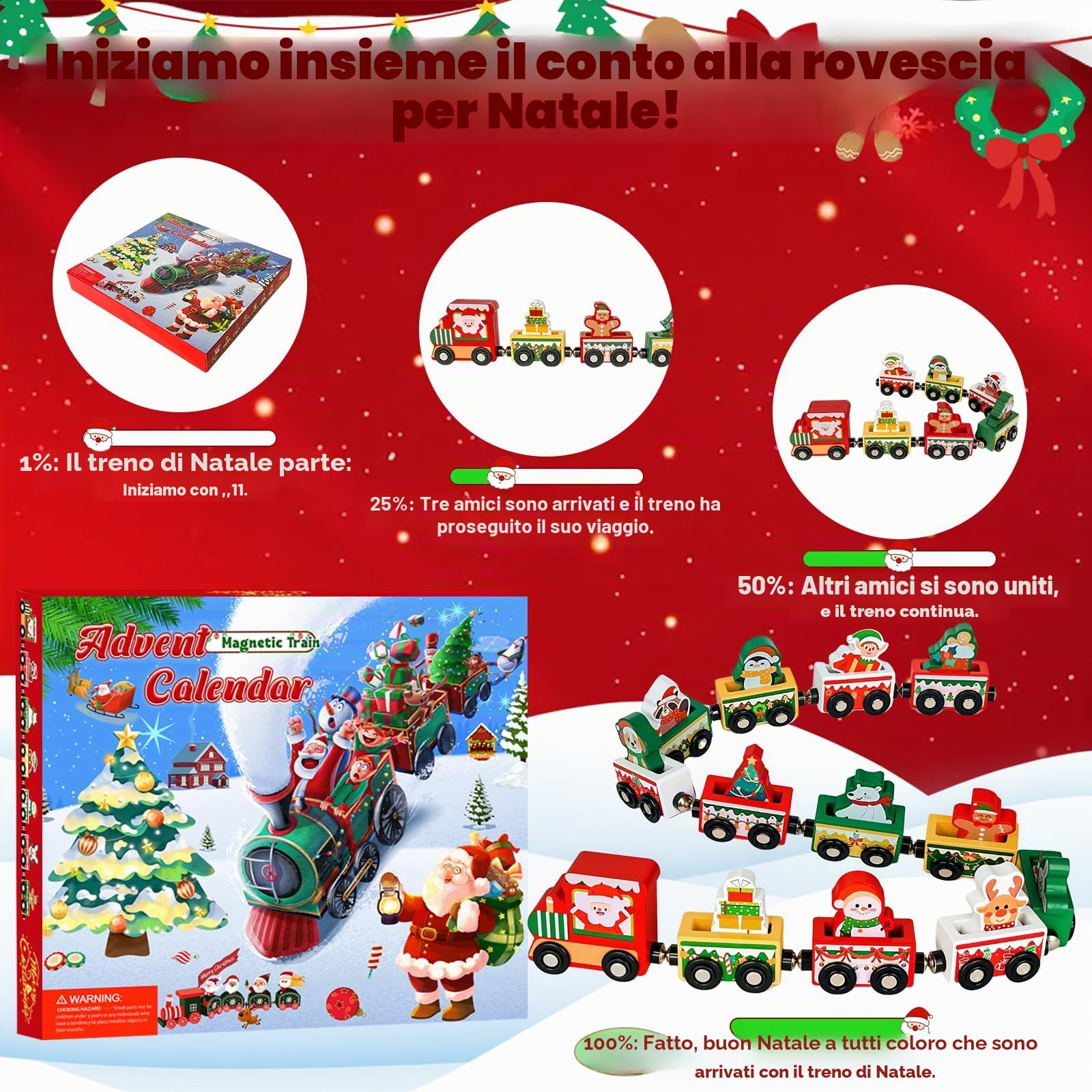 Calendario dell'Avvento 2025, in legno, per bambini, calendario dell'Avvento natalizio, treno, giocattolo in legno, 24 pezzi, regalo di Natale per ragazzi e bambine 3 anni