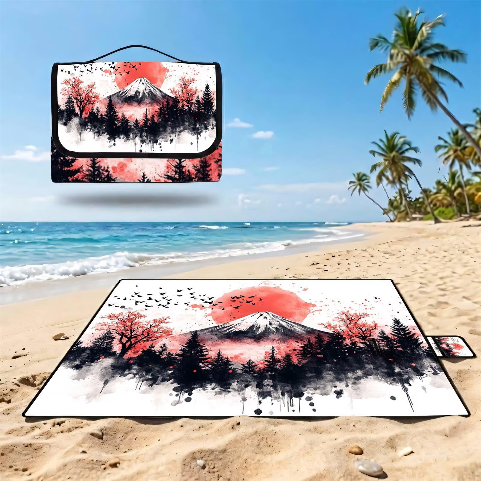 Couverture Pique Nique Grande 200x300cm,Outdoor Couverture Imperméable,Pliable Tapis de Plage Dos en PVC,Picnic Blanket pour Camping Accessoires,Jardin,Parc,Famille - Japon,Montagnes (2) UZ-354