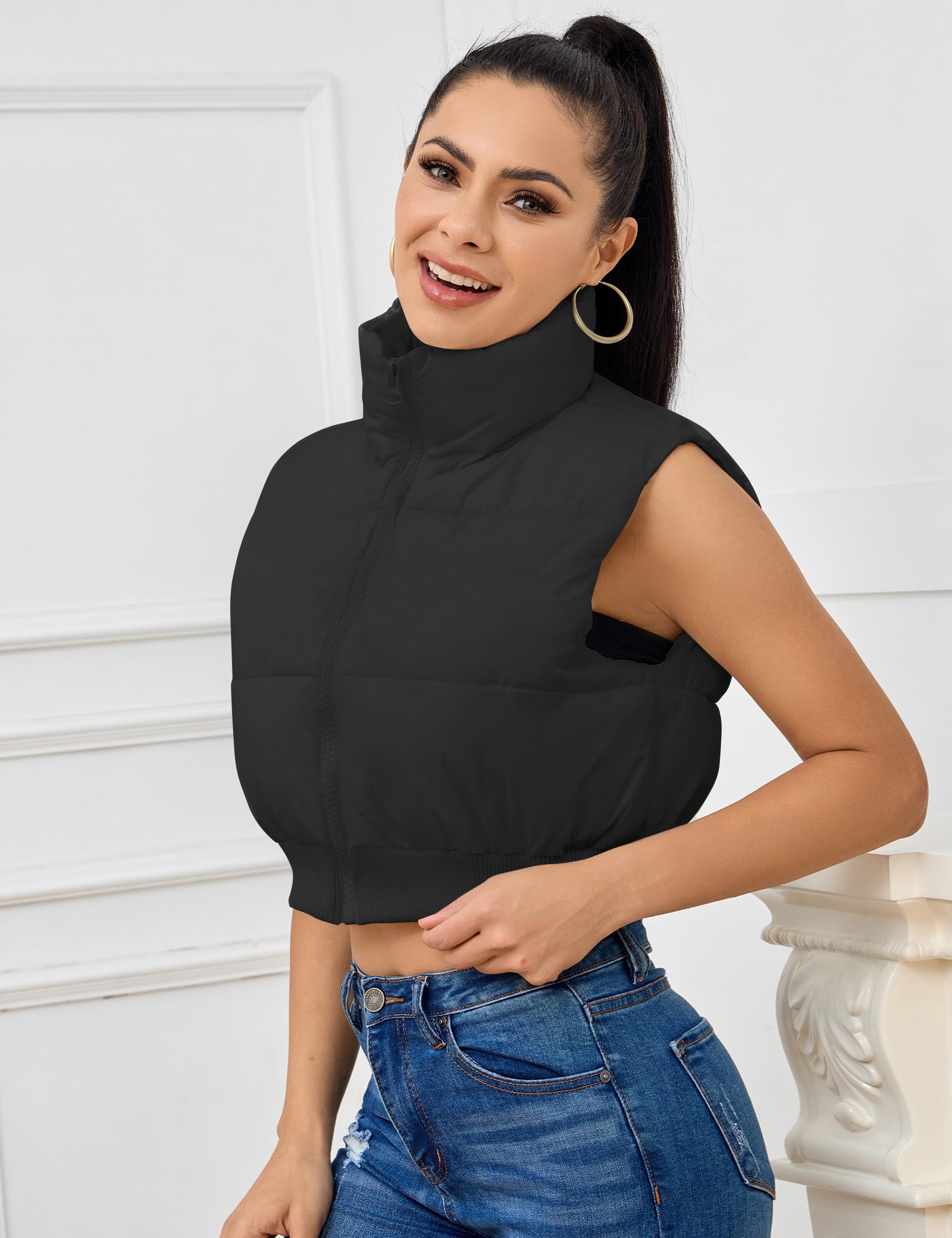 Kissonic Women's Padded Down Vest Puffer Stand Collar Zip Up Crop Sleeveless Jacket