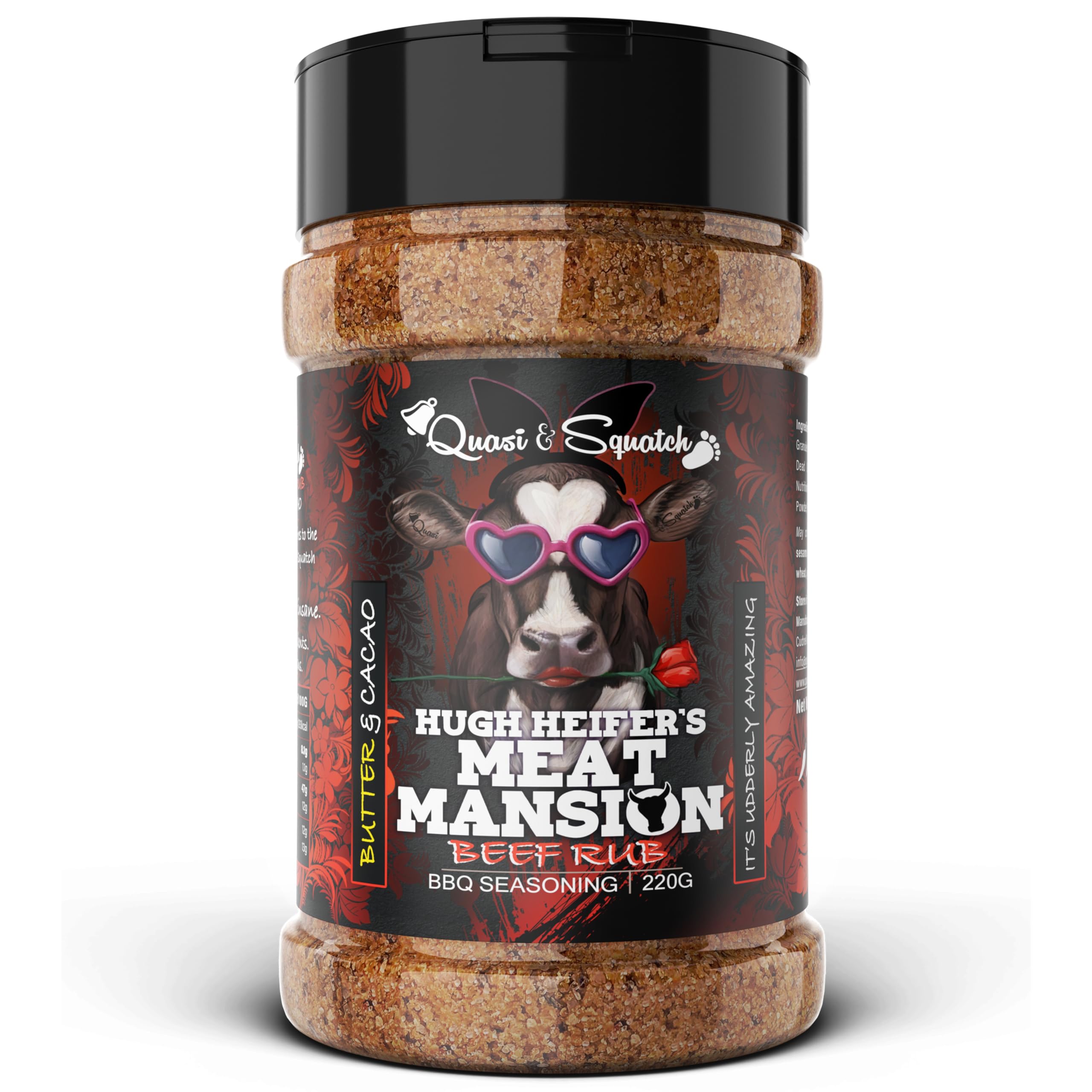 Quasi & Squatch Hugh Heifers Meat Mansion – Brisket Bark Builder Beef Rub | Texas Black Pepper Beef Seasoning for Brisket, Ribs & Steaks | Smoker & Air Fryer | Natural Mahogany Bark | 220g Lar