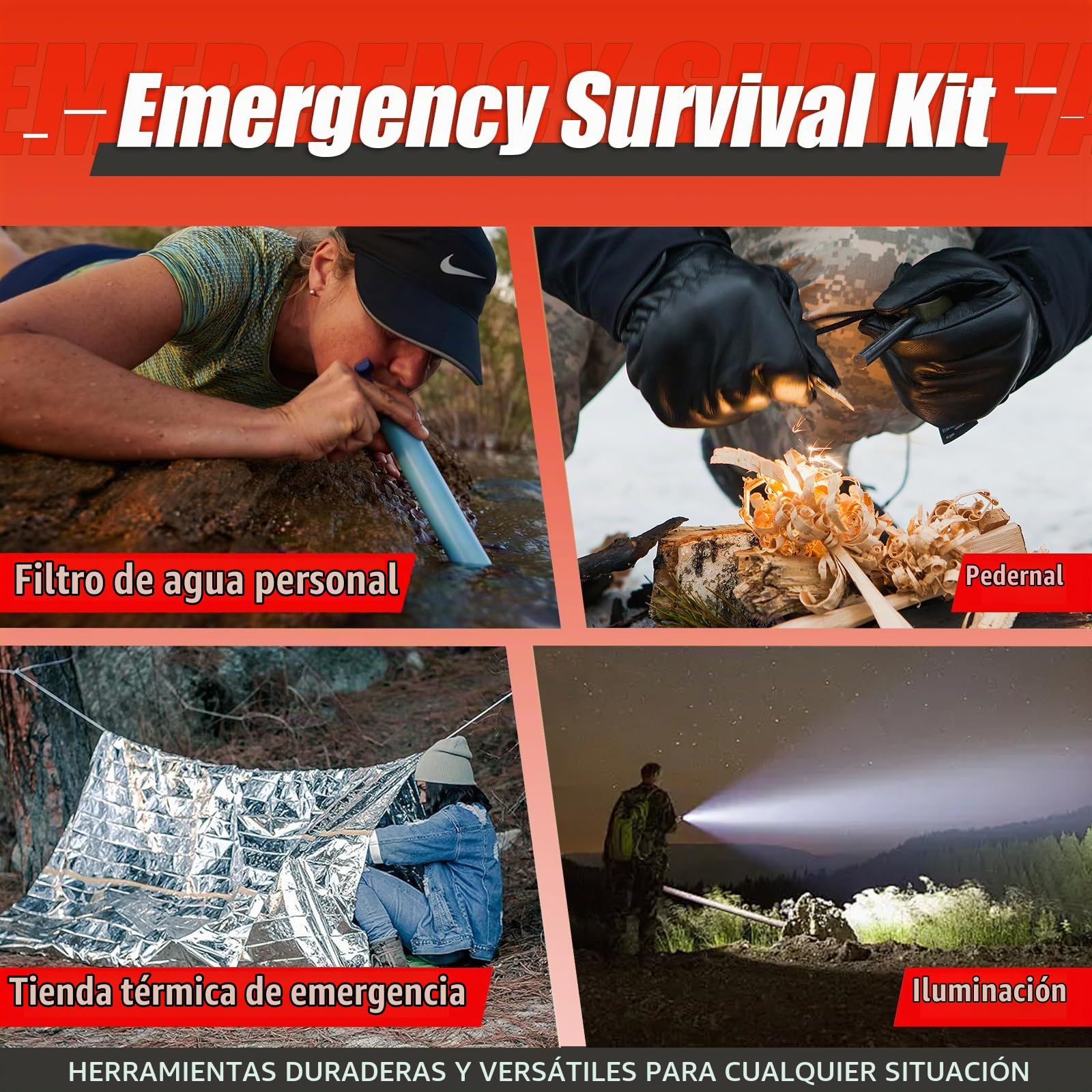 Gemmac Kit Supervivencia, 218 en 1 Portátil Kit Supervivencia 72 Horas Equipada con Filtro Agua Chubasquero Silbato Brujula Luz Camping Multifuncional Survival Kits Camping Aventura Senderismo Regalo
