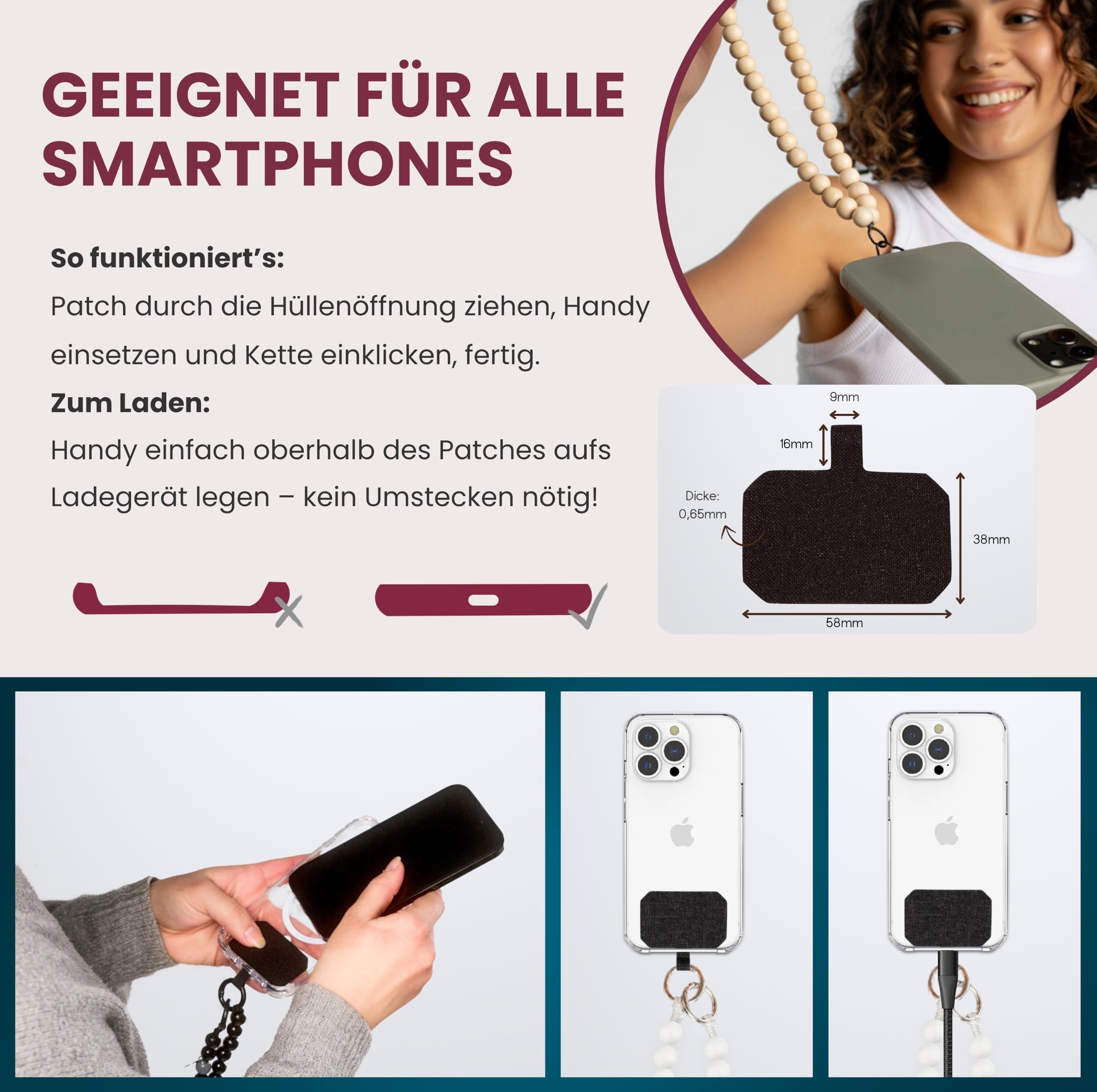 Uniwersalny łańcuszek na telefon komórkowy z koralikami, do zawieszenia, wraz z łatką i pudełkiem na prezent, ręcznie wykonany w Niemczech, kolorowe drewniane koraliki, różne długości