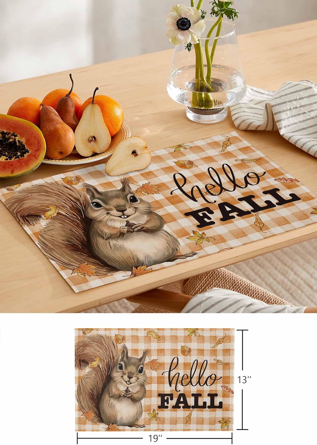 Fall Placemat Squirrel Leaves Thanksgiving Placemats for Dining Table Hello Fall Orange Buffalo Plaid Holiday Washable Table Mats for Party Kitchen Dining Decoration Set of 8