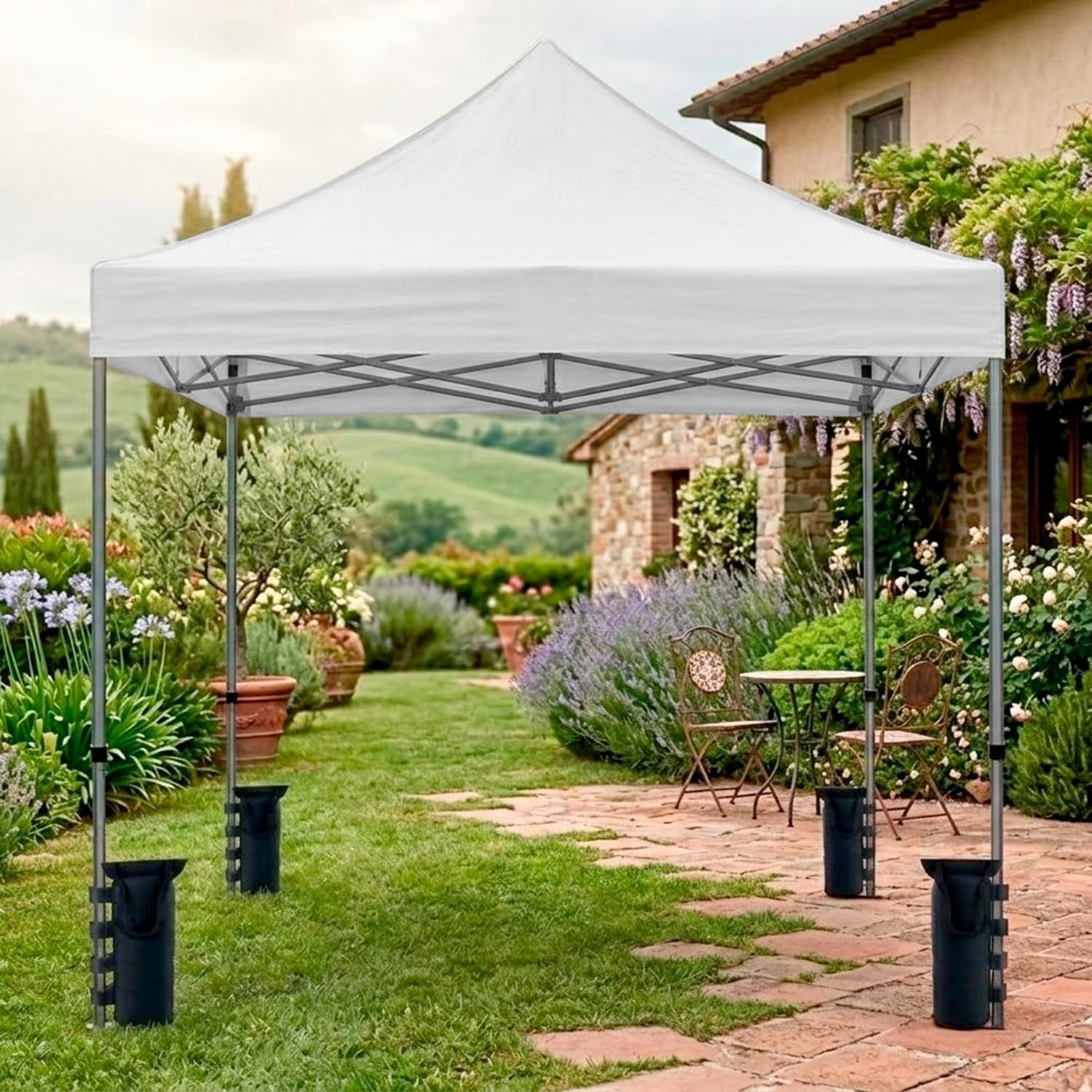 Gazebo Professionale 3x3 M Richiudibile Automatico In Acciaio Con Telo Oxford 1200D PVC Impermeabile e Anti UV Struttura a Fisarmonica con Sacche Zavorra e Borsa Trasporto Sagre Feste Eventi (Bianco)