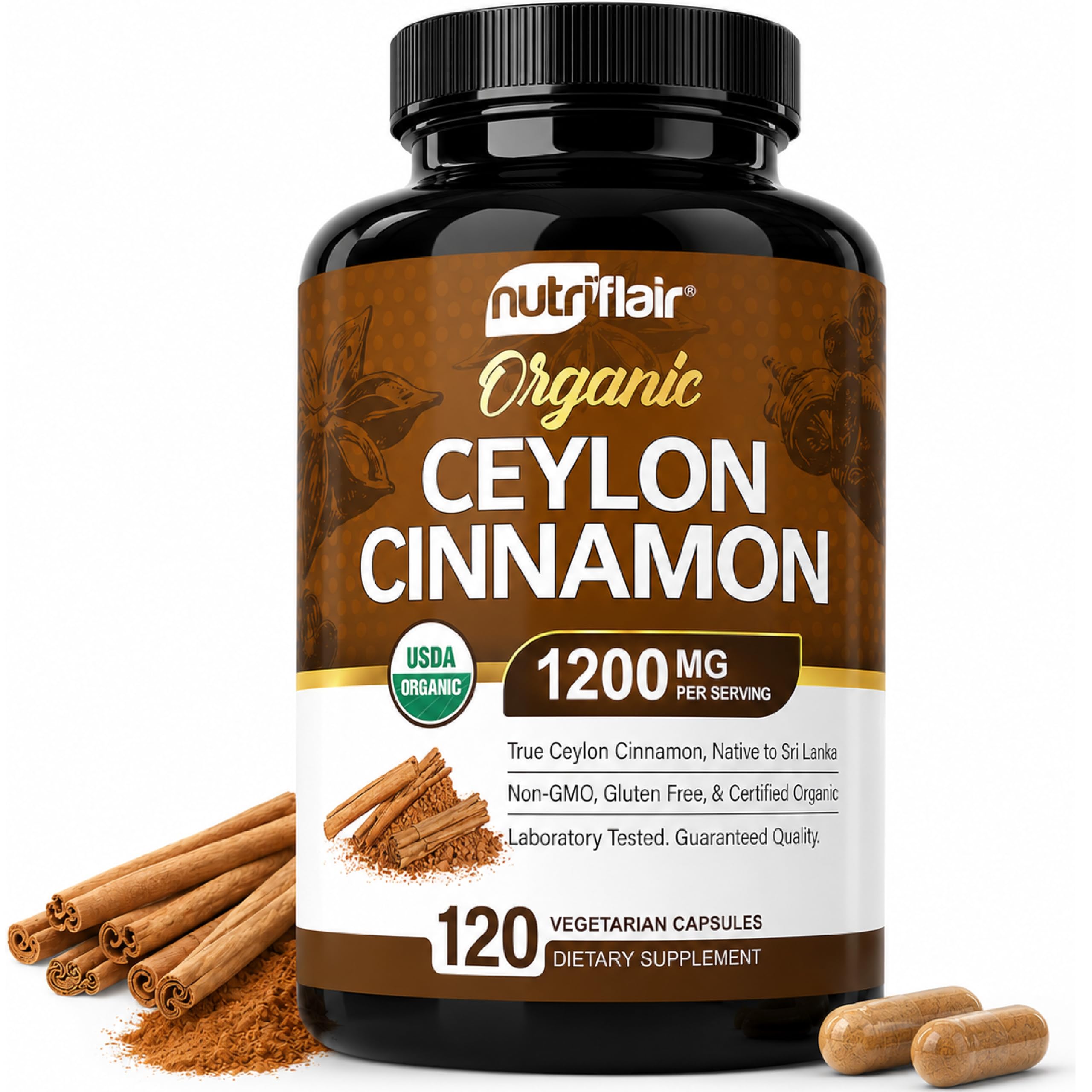 NutriFlair Organic Ceylon Cinnamon Supplement 1200mg, 120 Capsules | Made in USA | USDA Certified Organic | 1200 MG | 120 Cap