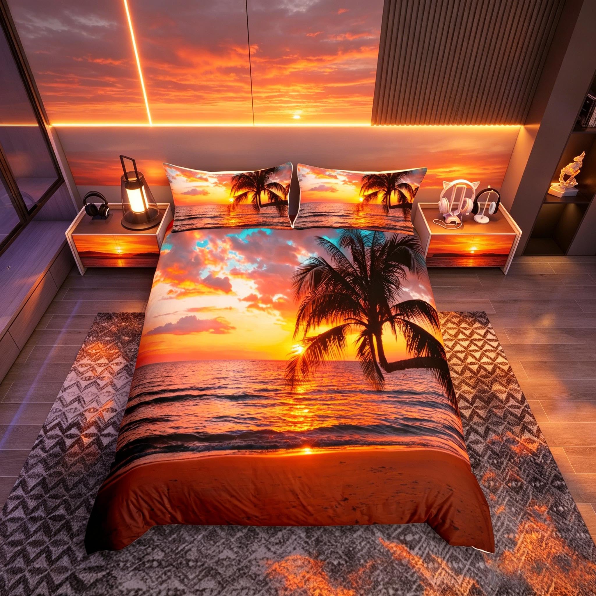 Loussiesd Ocean Beach Duvet Cover For Kids Adults Girls Chic Sea Sunset Scenery Comforter Cover Tropical Palm Tree Bedding Set Hawaiian Holiday Bedspread Cover Room Decor Single Bedclothes