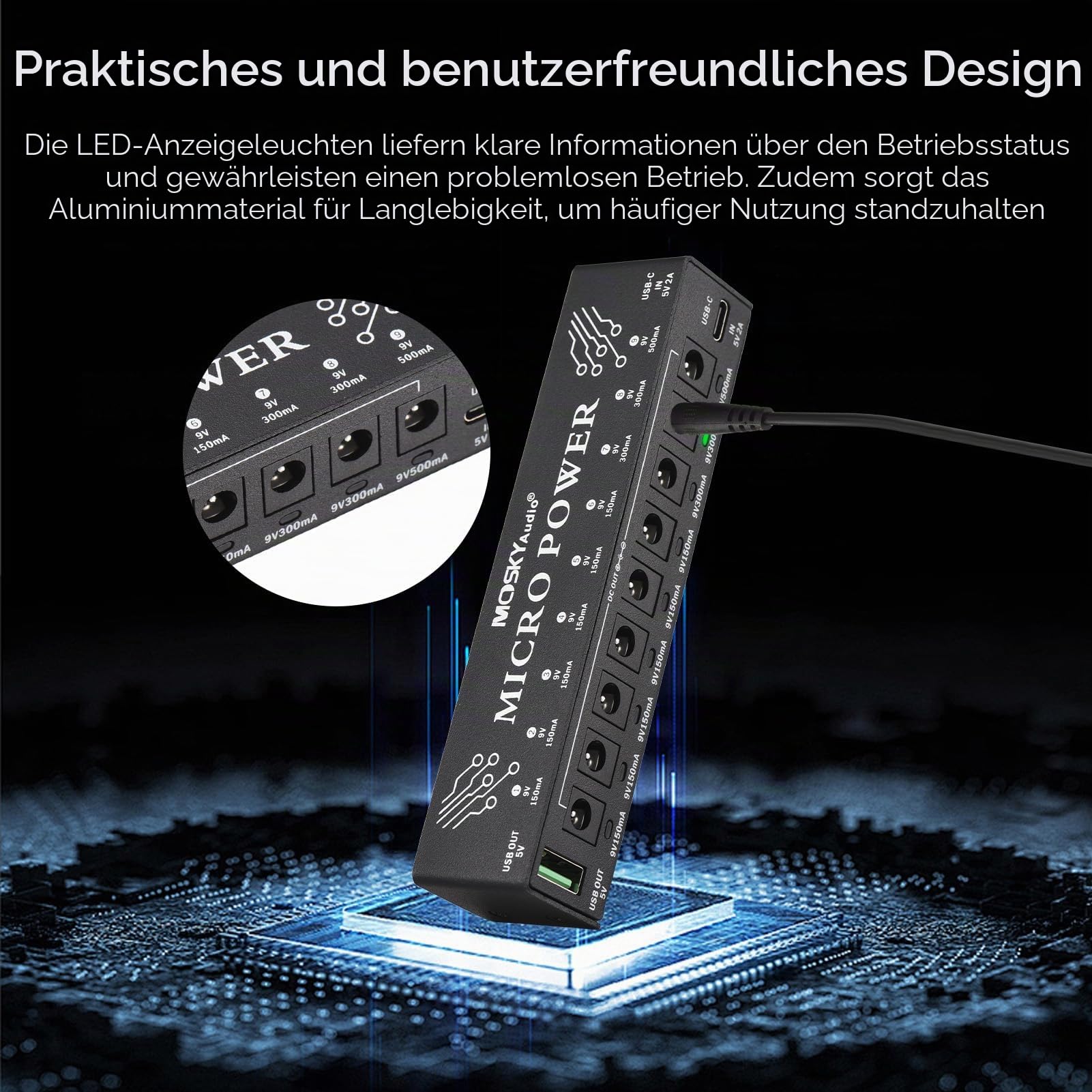Btuty 10-Kanal Gitarre Pedal Netzteil mit unabhängigem Kurzschlussschutz LED Leistungsanzeige 9 DC-Ausgänge und 1 USB-Ausgang für Gitarren-Effektpedal Andere Musikgeräte