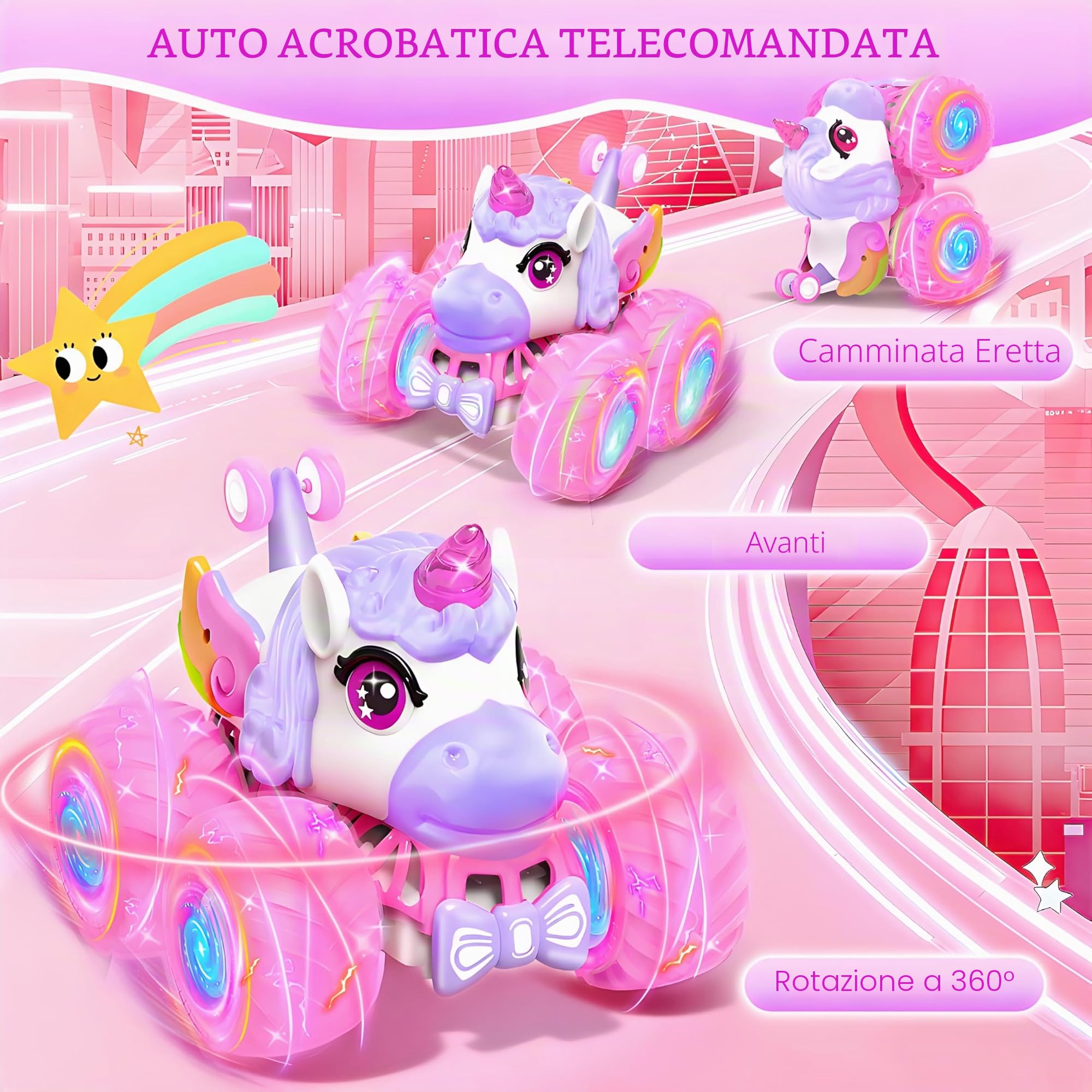 Unicorno Macchina Telecomandato per Bambini - Auto Stunt Rotante a 360° con Luci a LED, Giocattolo Auto Telecomandata 2,4 GHz per Interno Esterno Regali di Compleanno per Ragazze dai 3+ Anni
