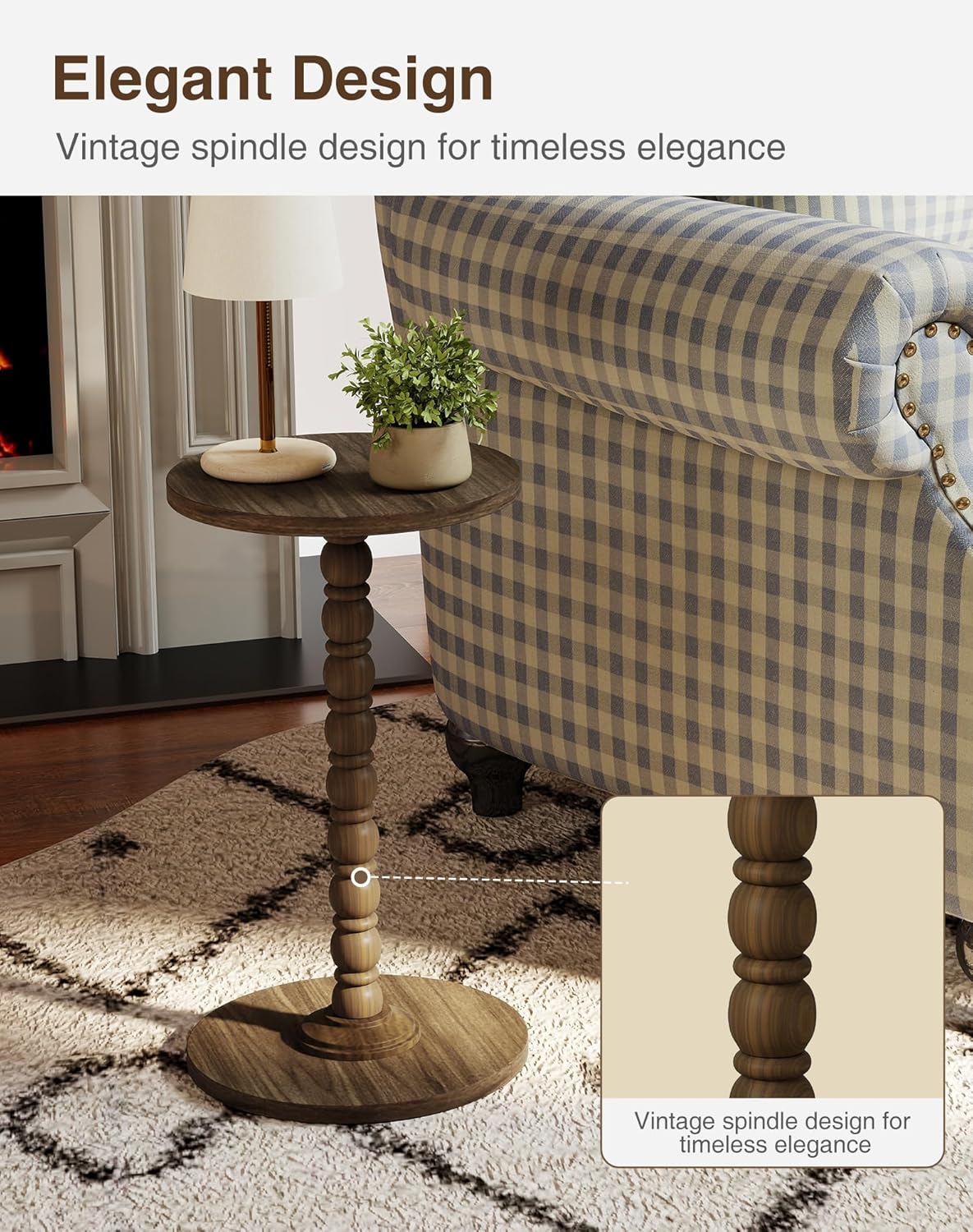 Modern Round Small End Table for Small Spaces, Pedestal Corner Side Table with Solid Wood Leg, Vintage Couch Drink Table for Sofa, Accent Coffee Tea Table for Living Room Bedroom, Walnut