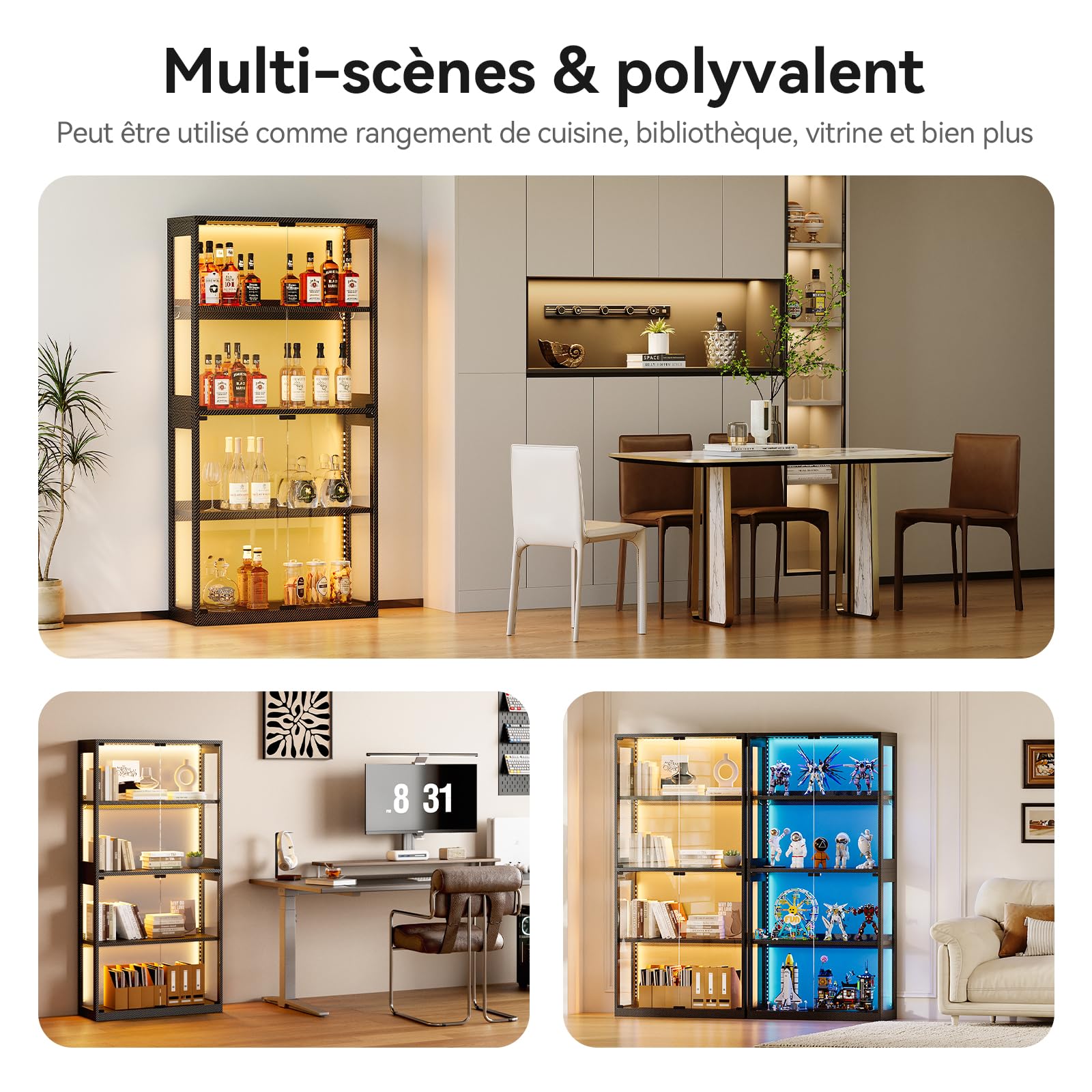 Coleshome Vitrine RGB LED Portes Vitrées, Armoire Collection 4 Étages